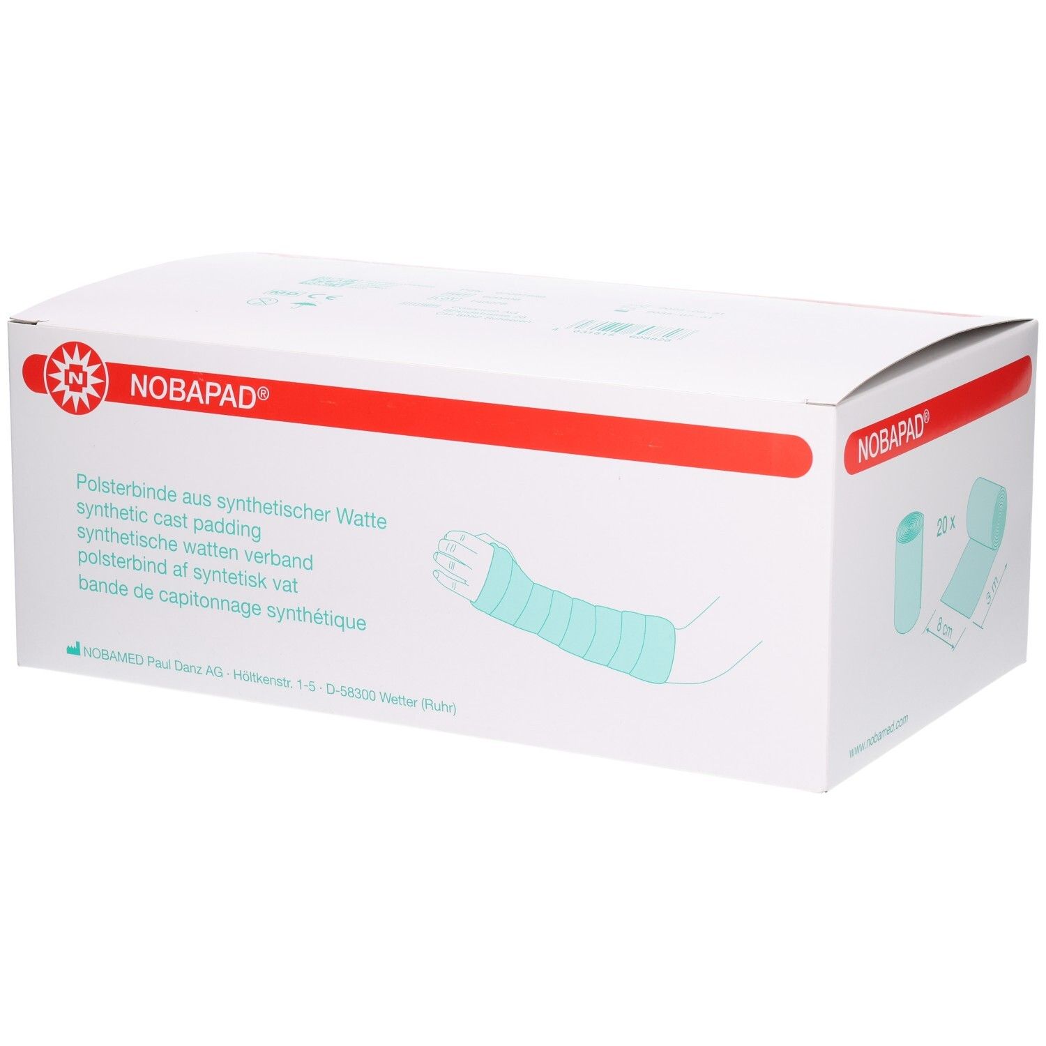 Verpackung NOBAPAD Polsterbinden. Illustration eines Arms mit Verband. Text: Polsterbinde aus synthetischer Watte.