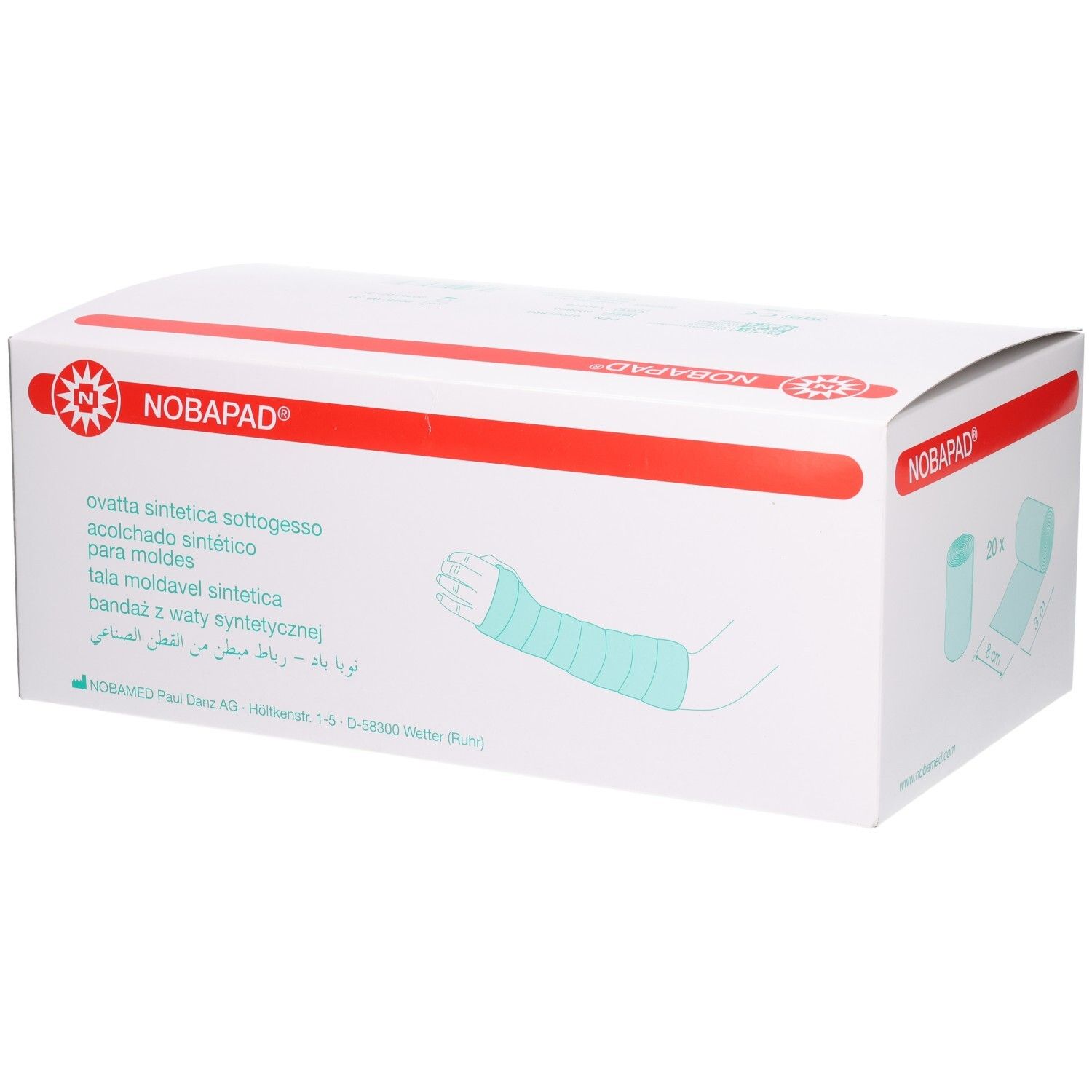 Verpackung NOBAPAD. Illustration eines Arms mit Verband. Text: Ovatta sintetica sottogesso.
