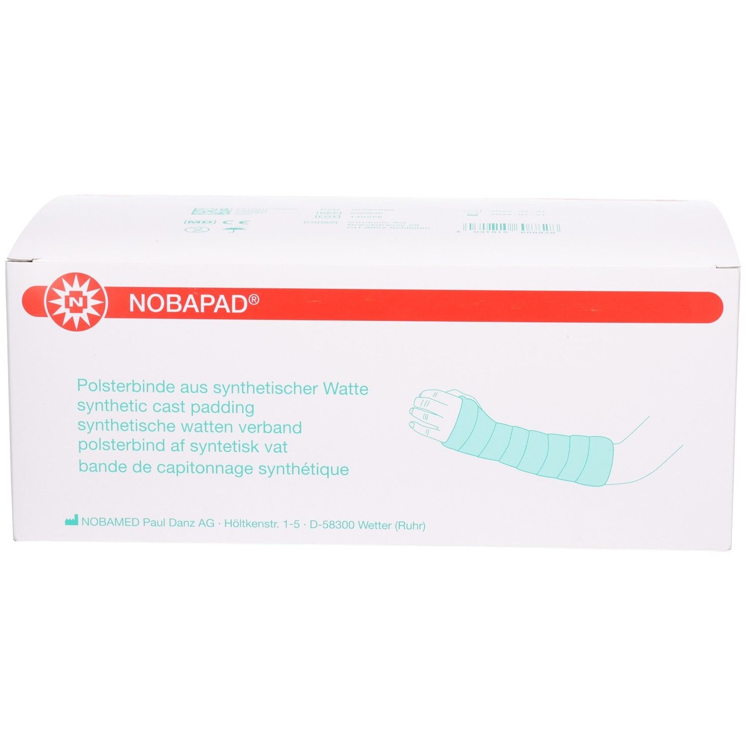 Verpackung NOBAPAD. Illustration eines Arms mit Verband. Text: Polsterbinde aus synthetischer Watte.