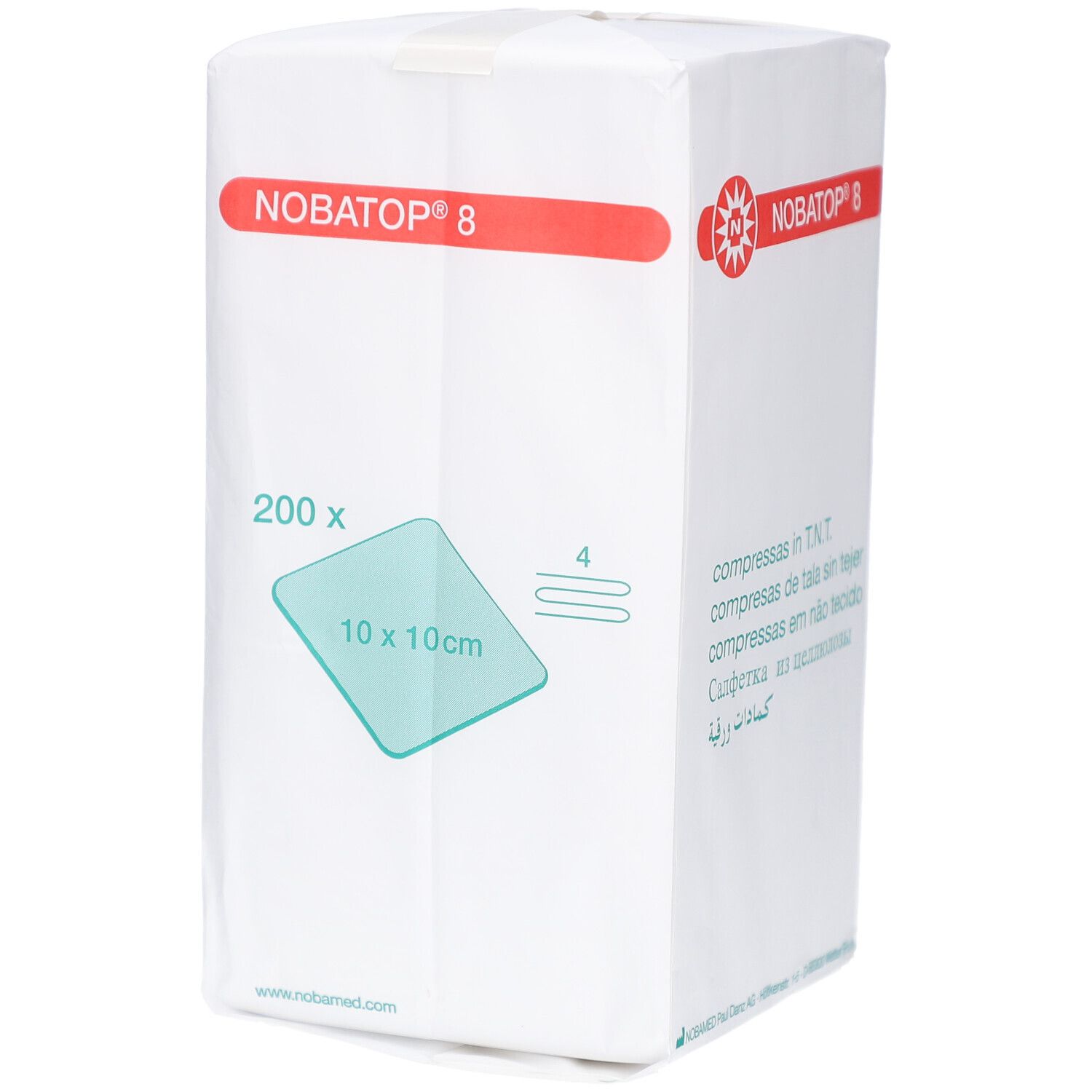 Verpackung mit Kompressen. Aufschrift: NOBATOP 8, 200 Stück, 10 x 10 cm. Weißes Paket mit roter und grüner Beschriftung.