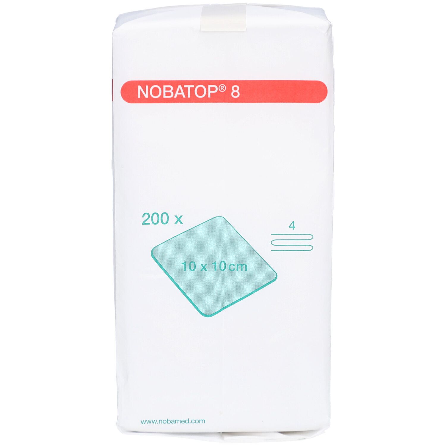 Verpackung mit Kompressen. Aufschrift: NOBATOP 8, 200 Stück, 10 x 10 cm. Weißes Paket mit roter und grüner Beschriftung.