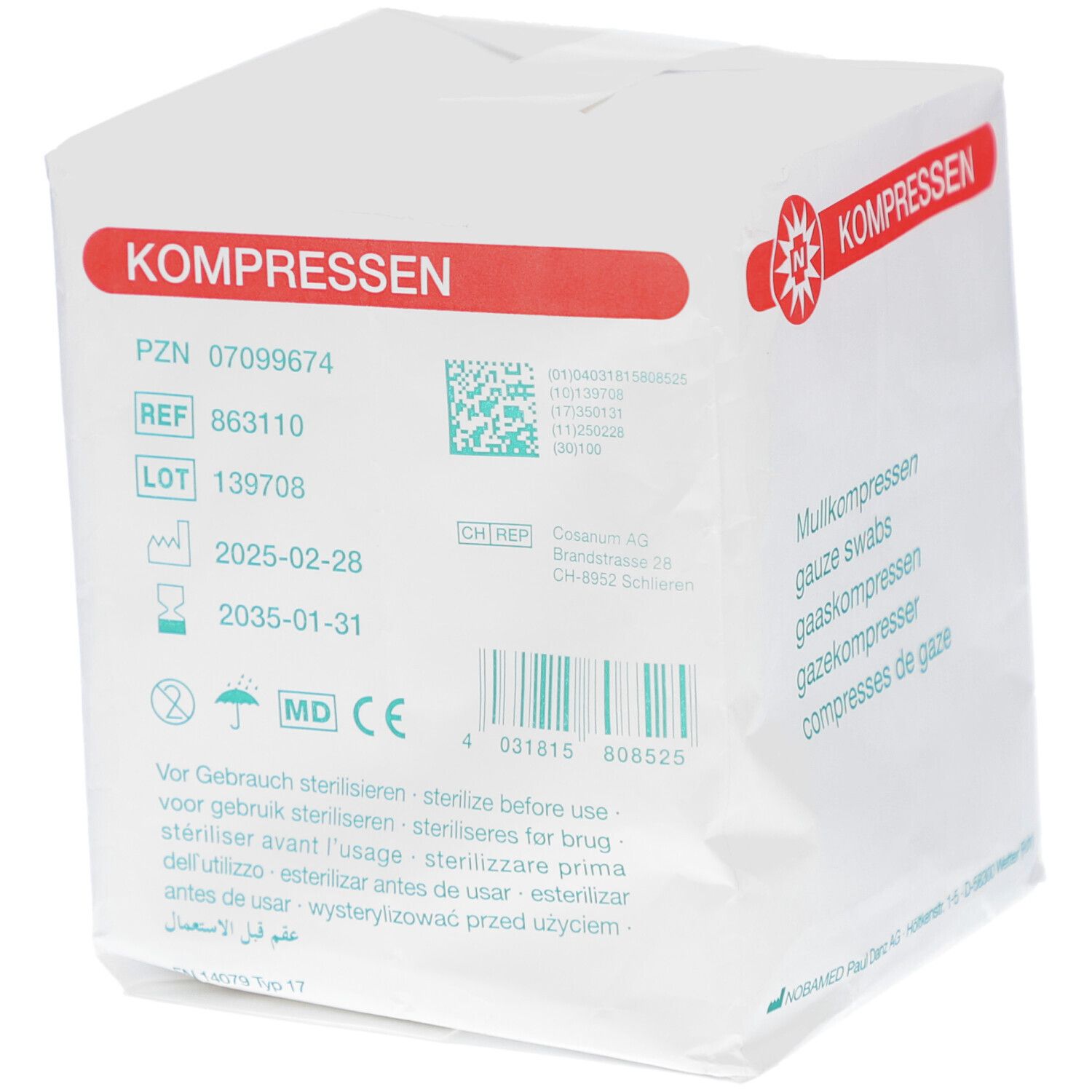 Mullkompresse 10 x 10 cm unsteril 8-fach