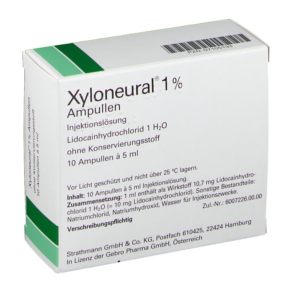 Karton Xyloneural 1% Ampullen. Grün-weiße Verpackung. Text: 10 Ampullen à 5 ml. Inhaltsstoffe und Herstellerangaben.