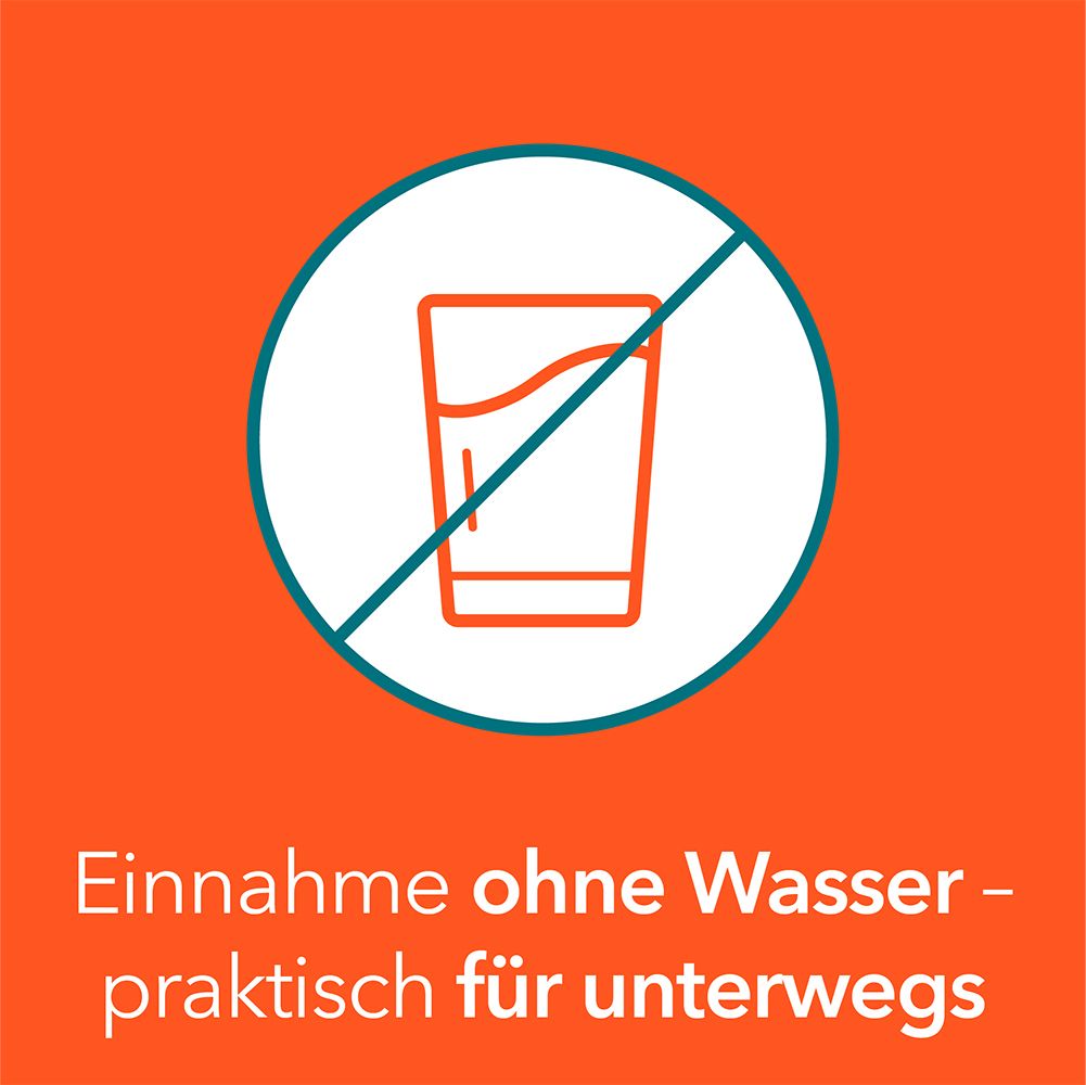 Symbol: Einnahme ohne Wasser, praktisch für unterwegs.