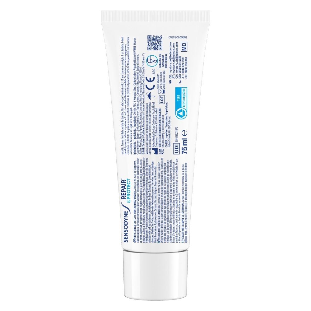 Sensodyne Repair & Protect Zahnpasta-Tube, 75 ml. Rückseite mit Anwendungshinweisen und Produktinformationen.