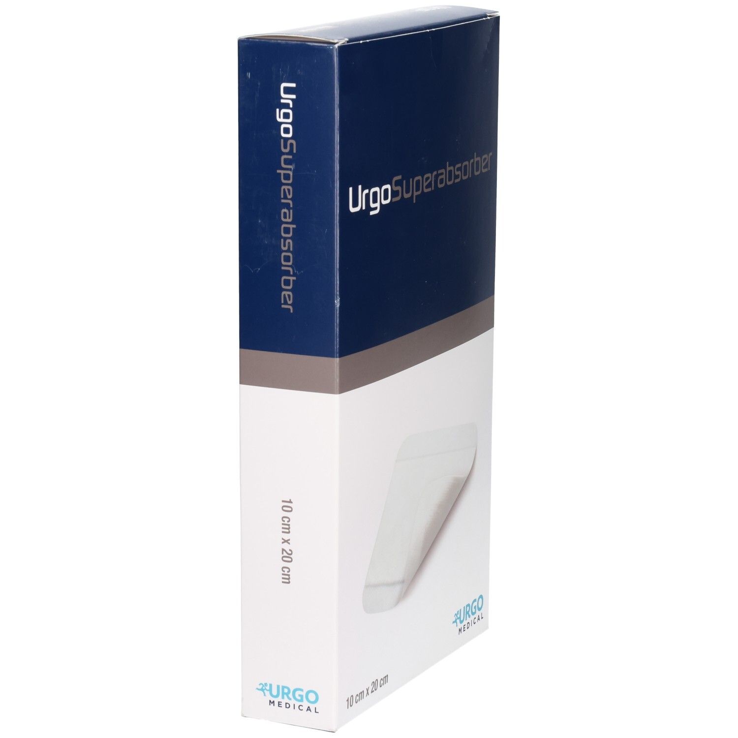 URGOSUPERABSORBER 10x20cm Verpackung, Seitenansicht mit Produktabbildung und Herstellerlogo.