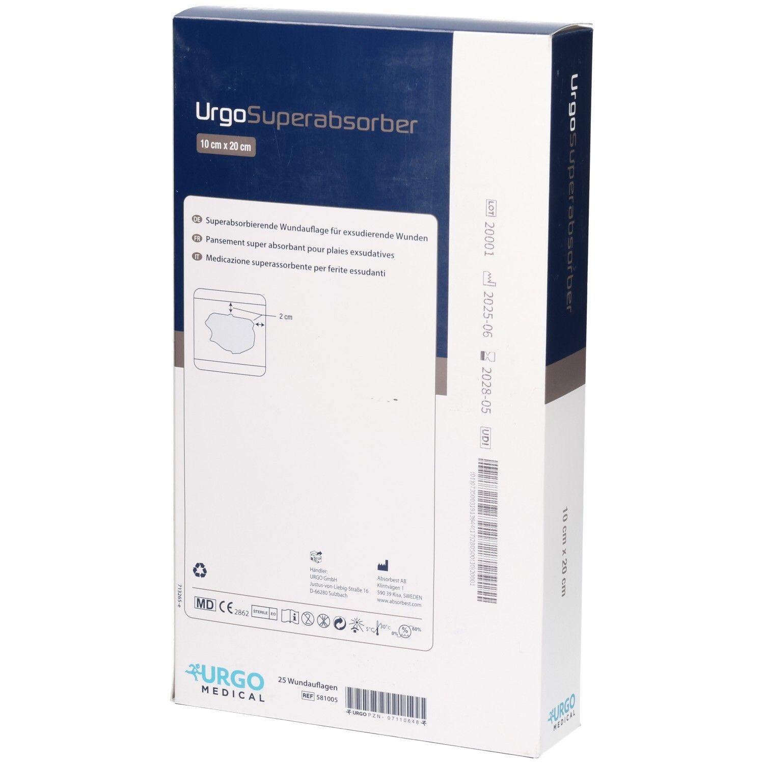 Rückseite der URGOSUPERABSORBER 10x20cm Verpackung mit Produktinformationen und CE-Kennzeichnung.