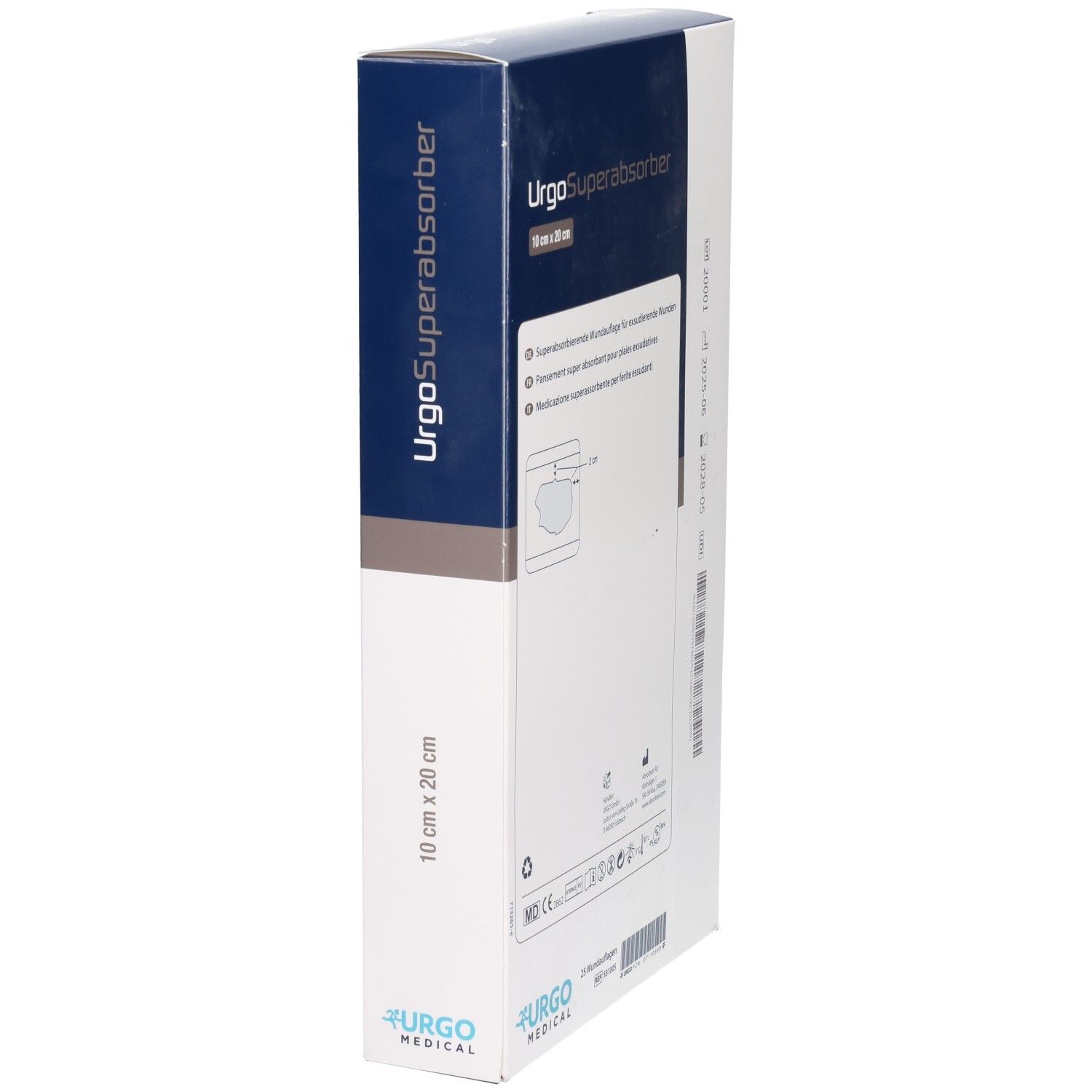 URGOSUPERABSORBER 10x20cm Verpackung, schräge Ansicht mit Produktabbildung und Herstellerlogo.