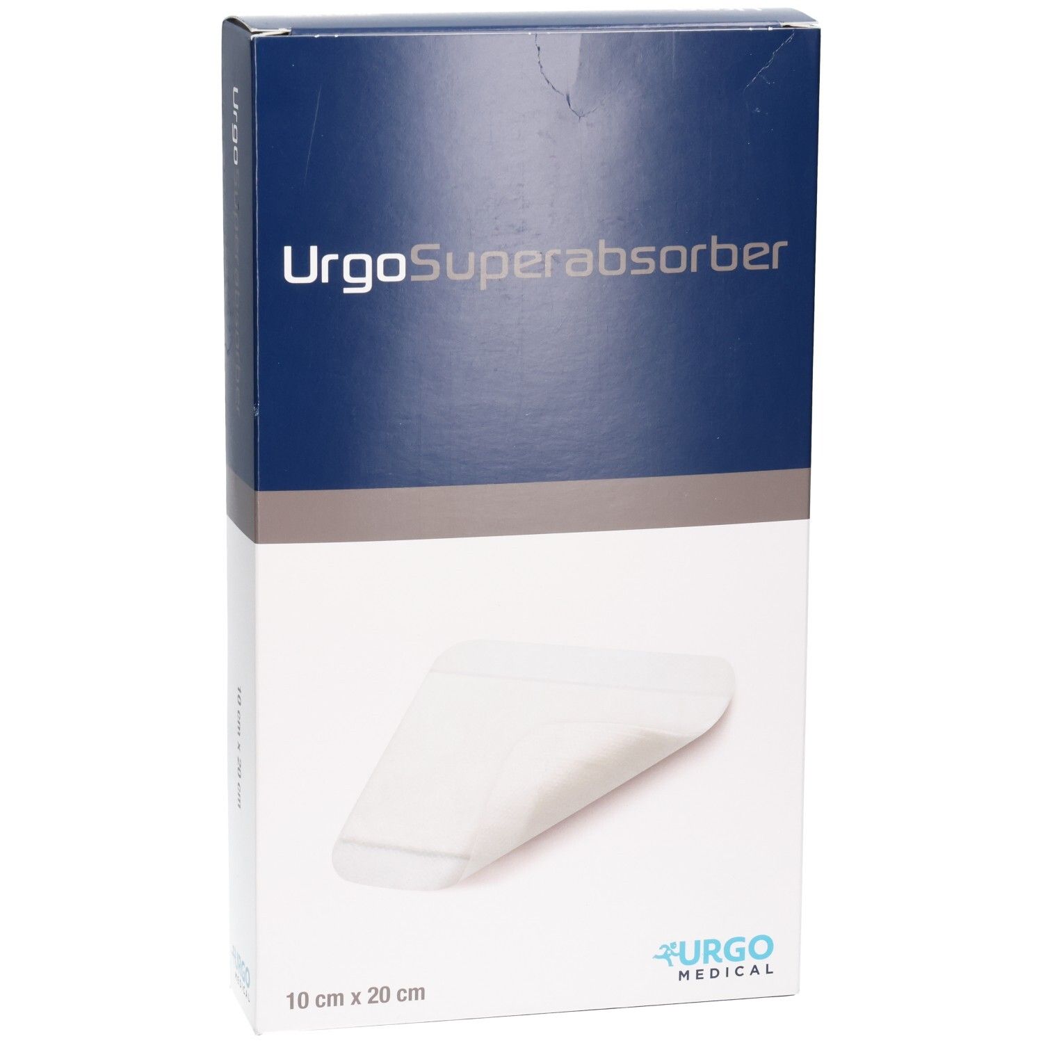URGOSUPERABSORBER 10x20cm Verpackung, Seitenansicht mit Produktabbildung und Herstellerlogo.