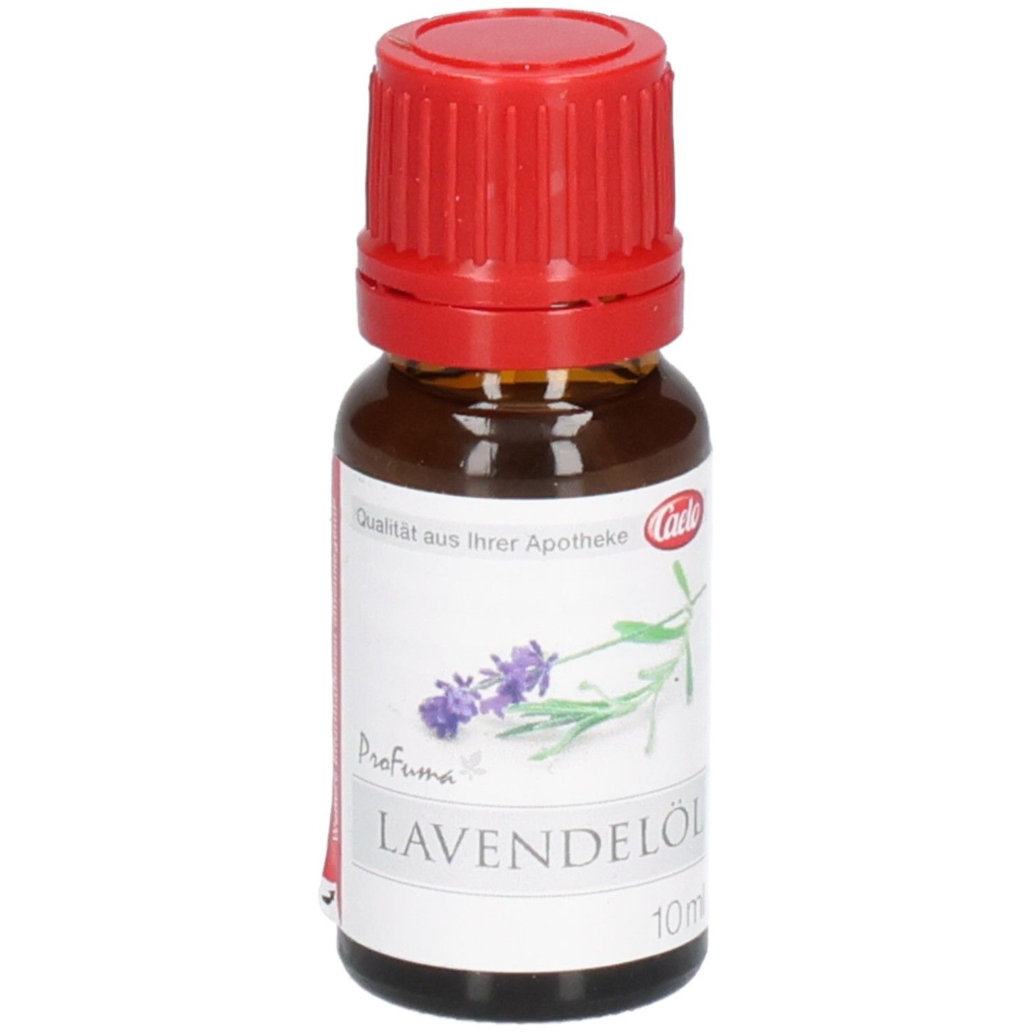Braune Glasflasche mit rotem Schraubverschluss, Etikett mit Lavendelmotiv und "Lavendelöl" Aufschrift.