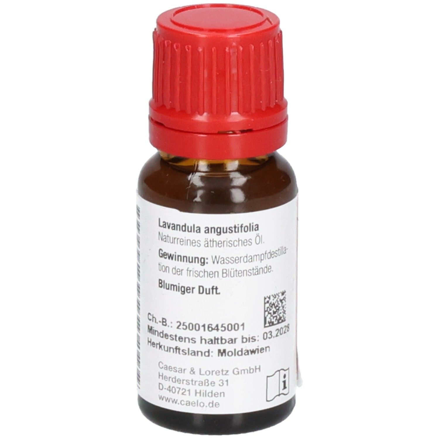 Flasche Lavendelöl mit detaillierten Angaben zur Herkunft und Zusammensetzung auf dem Etikett.