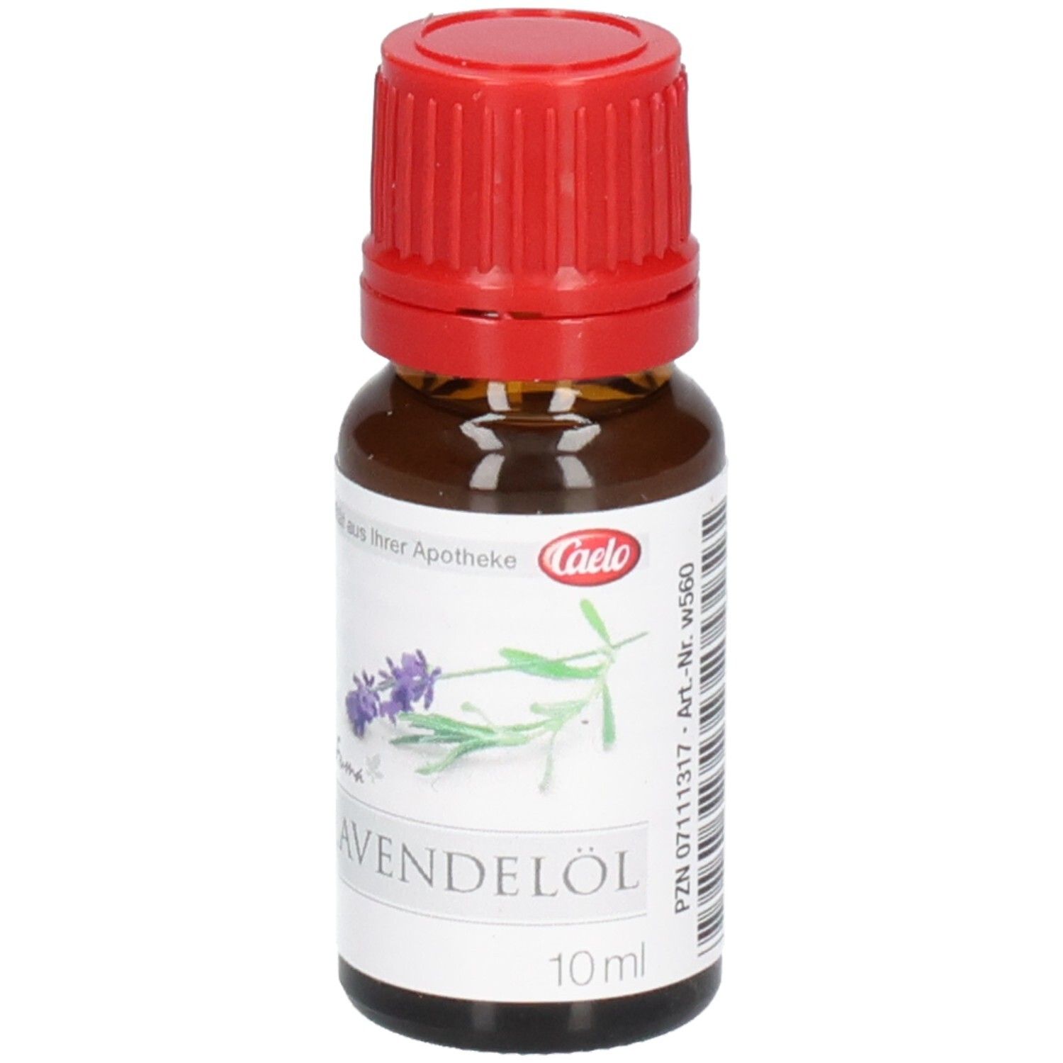 Flasche Lavendelöl mit rotem Deckel, Etikett zeigt Lavendelzweig und "Lavendelöl" Schriftzug.