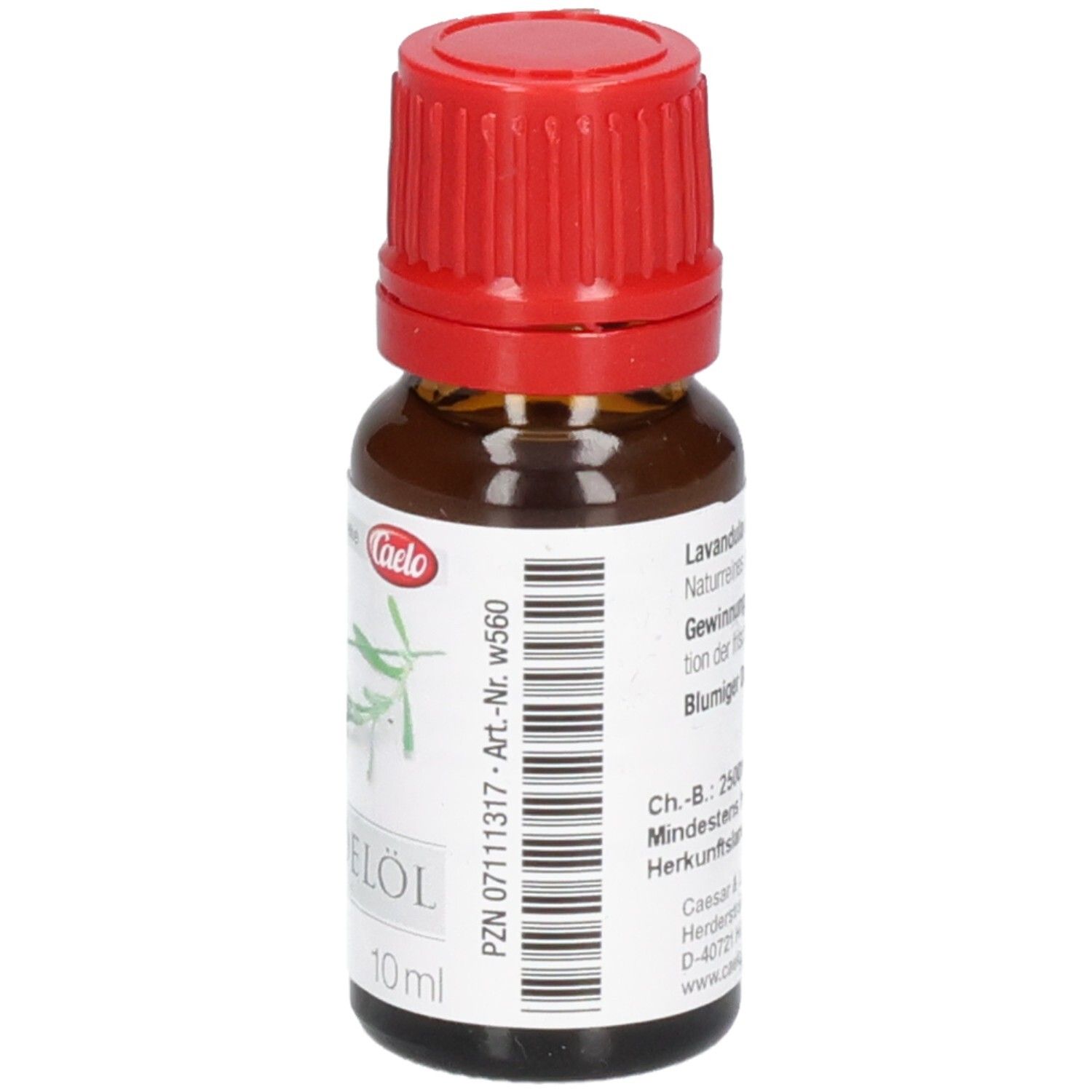 Seitenansicht einer Flasche Lavendelöl mit Etikett, das Produktinformationen und Barcode enthält.
