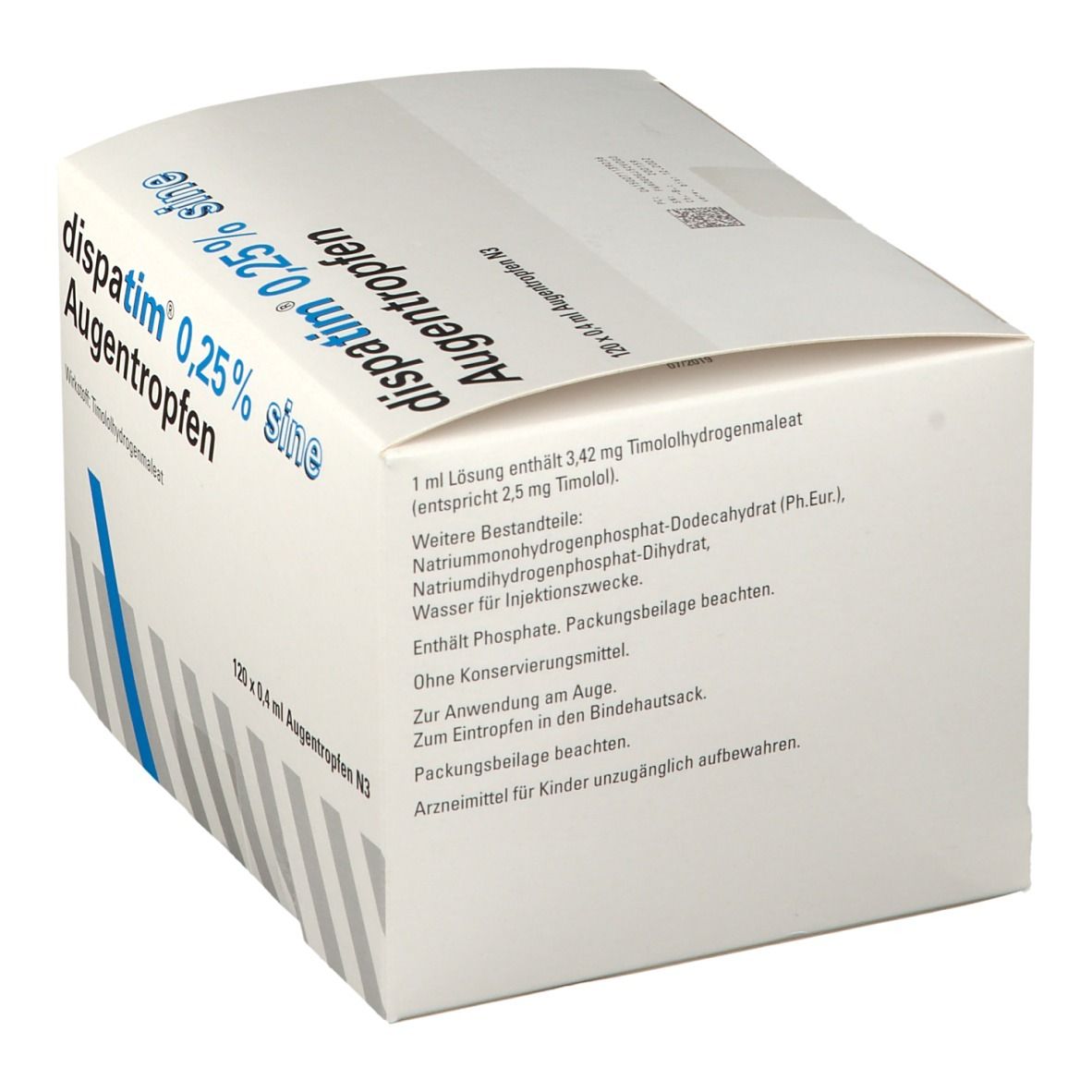 Seitenansicht der Packung Dispatim 0,25% sine Augentropfen mit Inhaltsstoffen und Anwendungshinweisen.