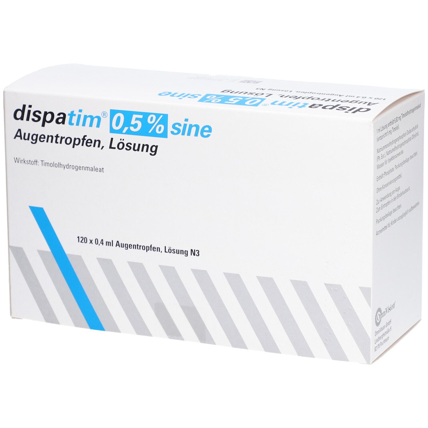 Weiße Faltschachtel mit blauer Markierung. Aufdruck: Dispatim 0,5% sine Augentropfen, Lösung. Enthält 120 x 0,4 ml Augentropfen.
