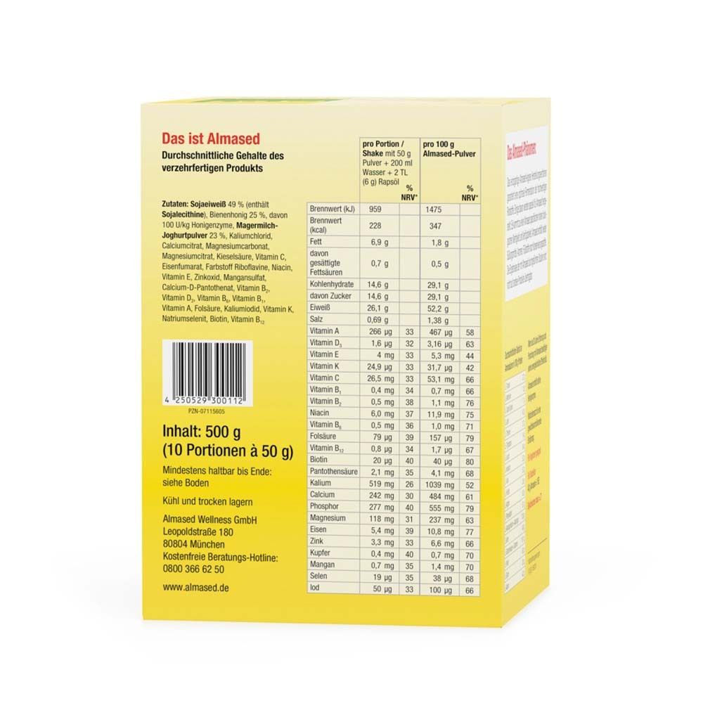 Rückseite der Almased®-Verpackung. Enthält Nährwertangaben und Zutatenliste. Barcode und Kontaktinformationen.