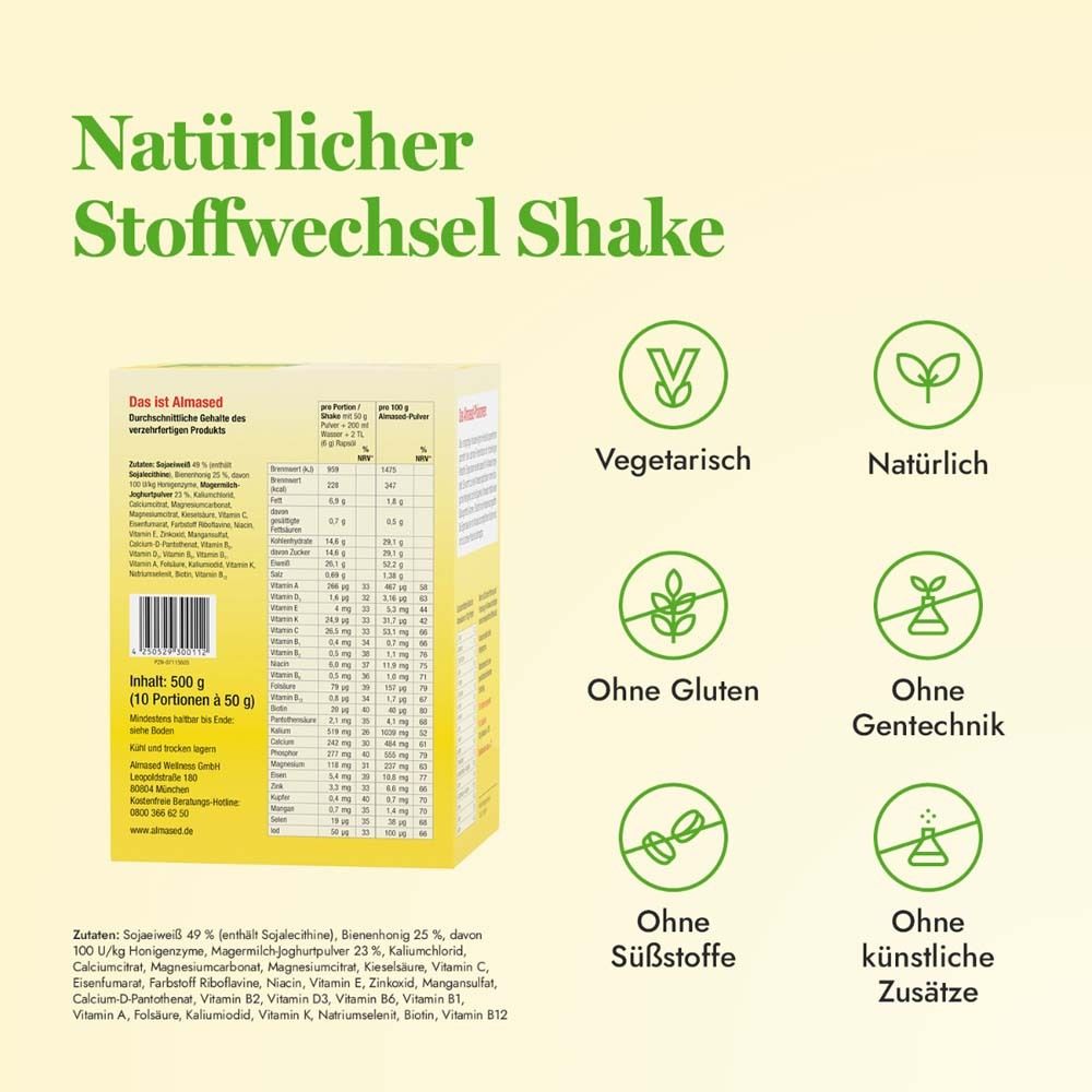 Verpackung mit Nährwertangaben. Symbole: vegetarisch, natürlich, glutenfrei, ohne Gentechnik, ohne Süßstoffe, ohne Zusätze.