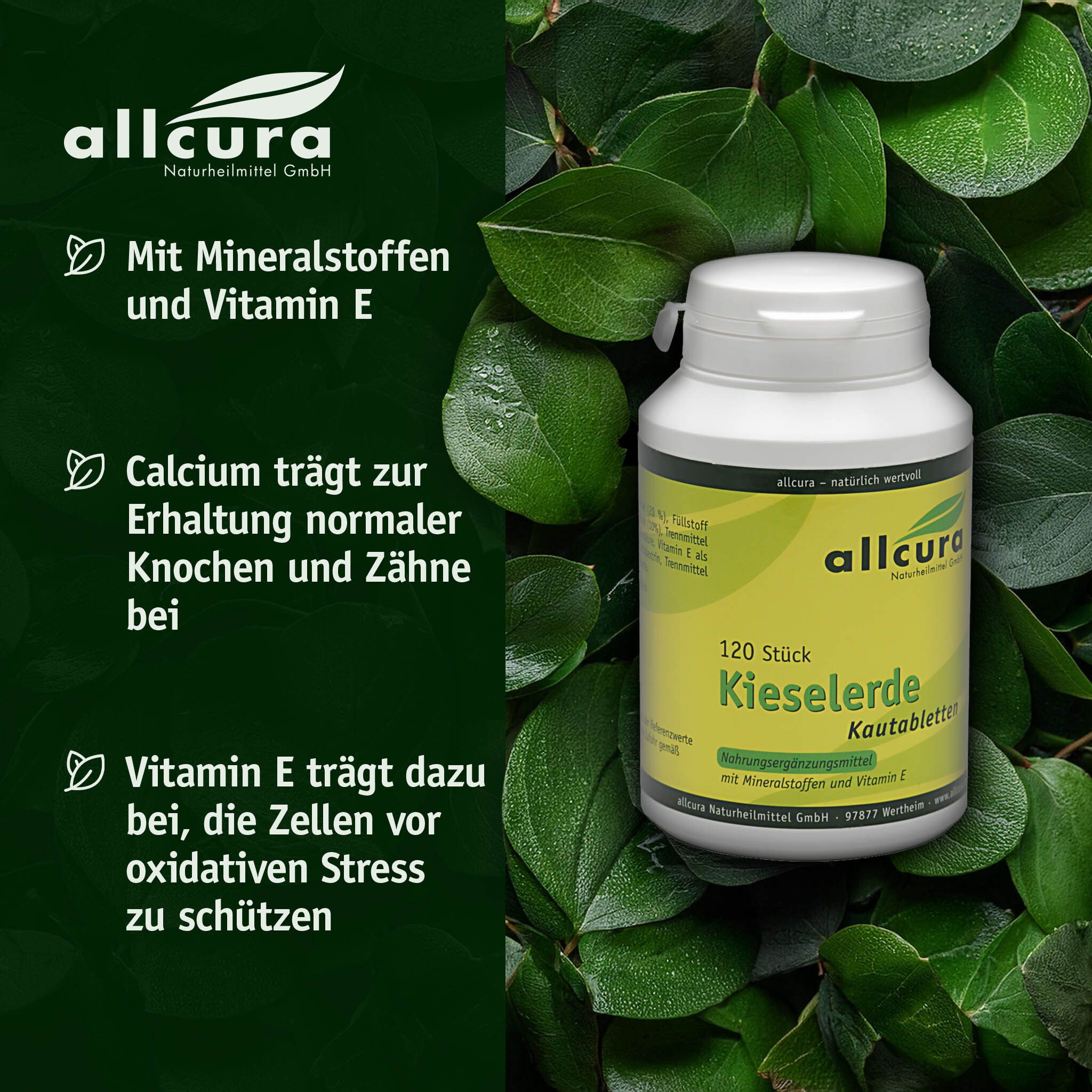 Weiße Flasche mit gelbem Etikett, umgeben von grünen Blättern. Text: allcura, 120 Stück Kieselerde.