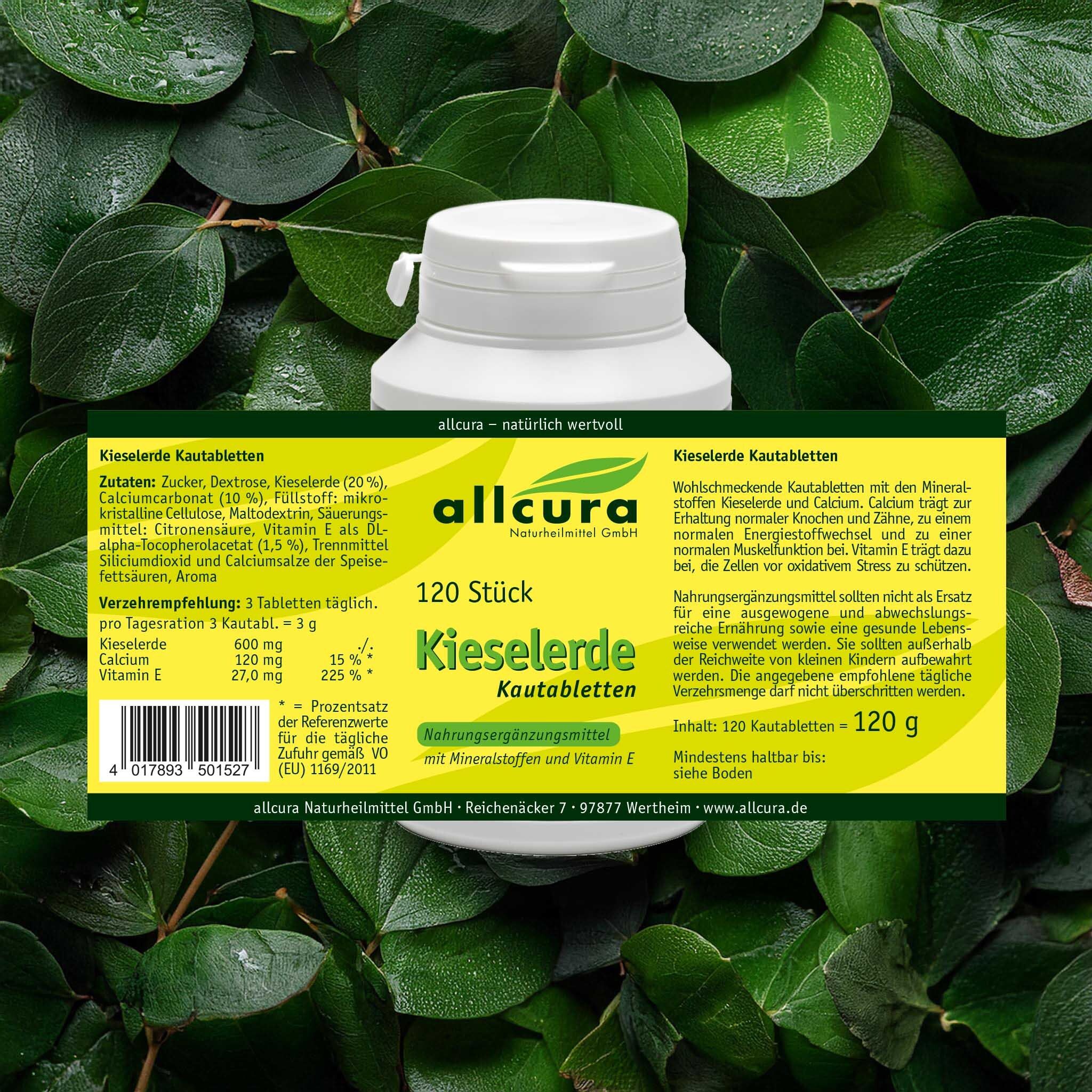 Gelbes Etikett mit Text und Zutatenliste. Aufschrift: allcura Kieselerde Kautabletten, 120 Stück.