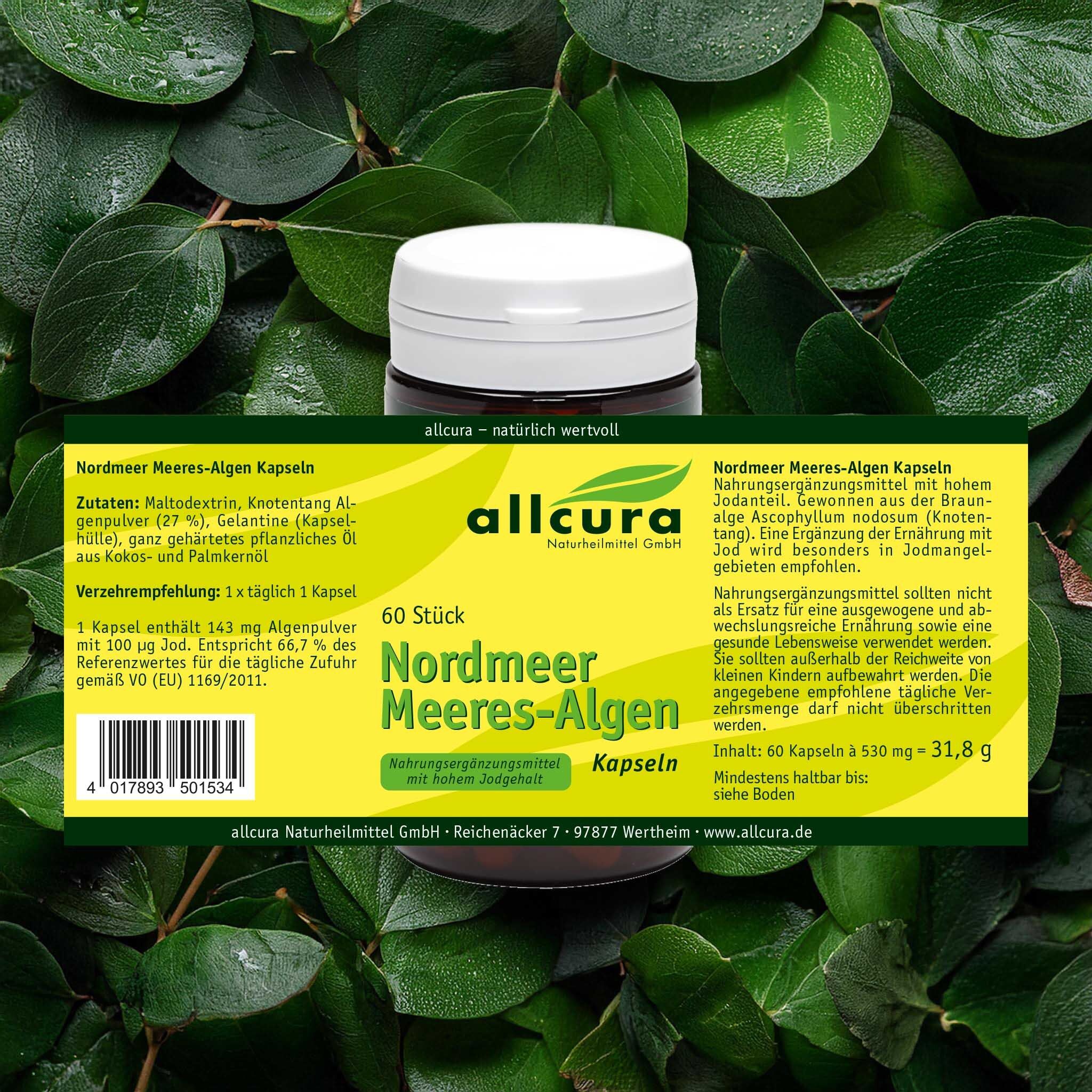 Dose mit Kapseln auf Blättern. Aufschrift: Nordmeer Meeres-Algen Kapseln. Text: 60 Stück, Zutaten, Verzehrempfehlung.