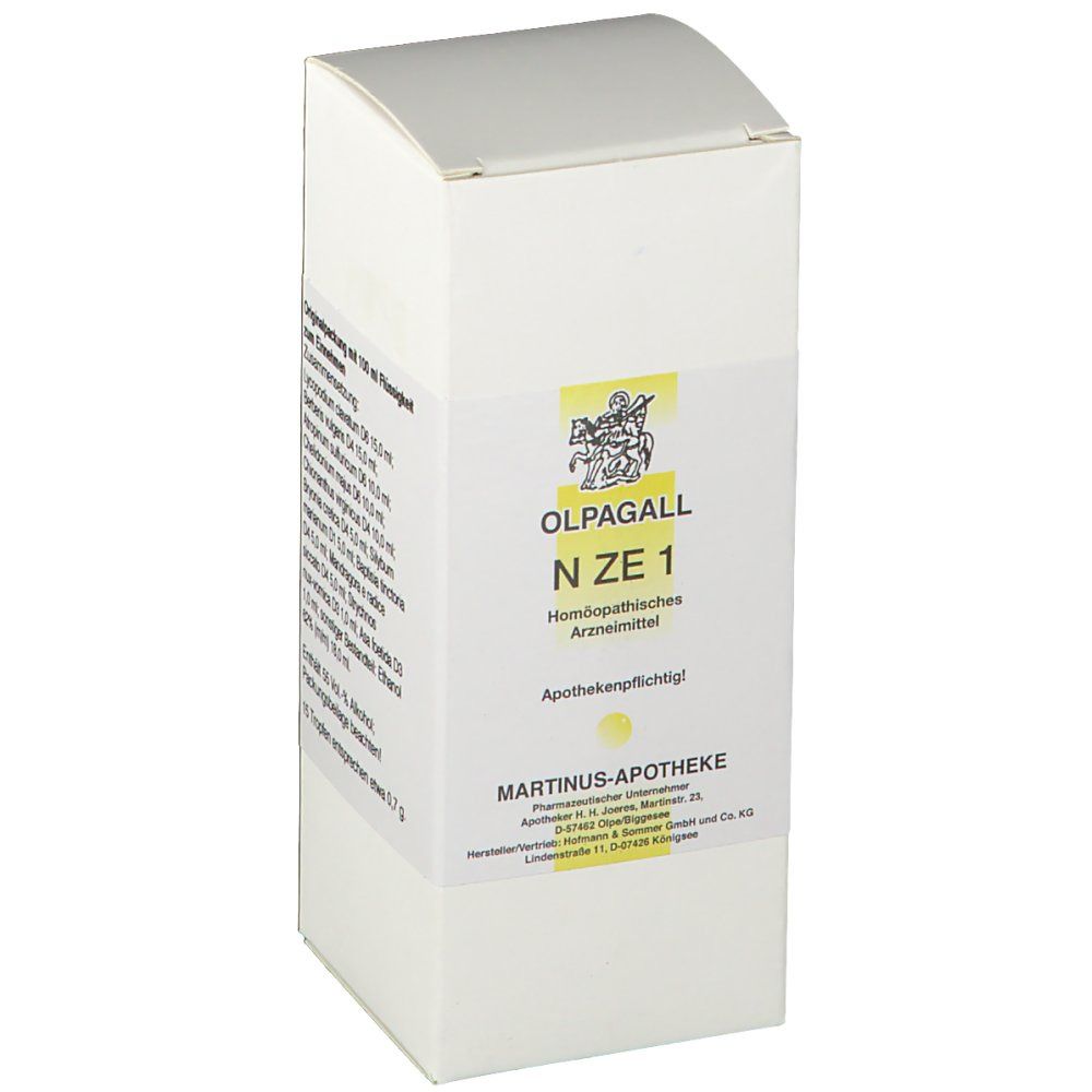 Weiße rechteckige Faltschachtel. Aufdruck: Olpagall N ZE 1, Apothekenlogo, Martinus-Apotheke. Homöopathisches Arzneimittel.