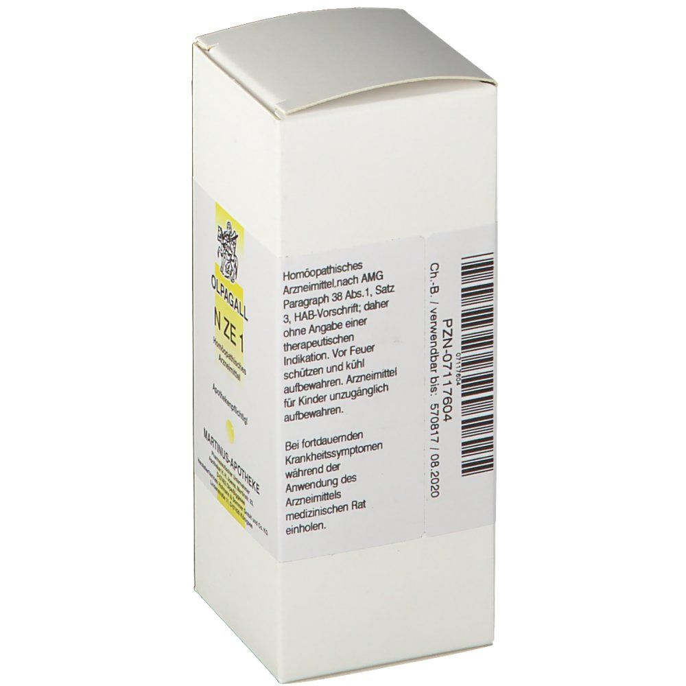 Weiße Faltschachtel. Aufdruck: Olpagall N ZE 1, Martinus-Apotheke. Text und Barcode auf der Seite. Homöopathisches Arzneimittel.