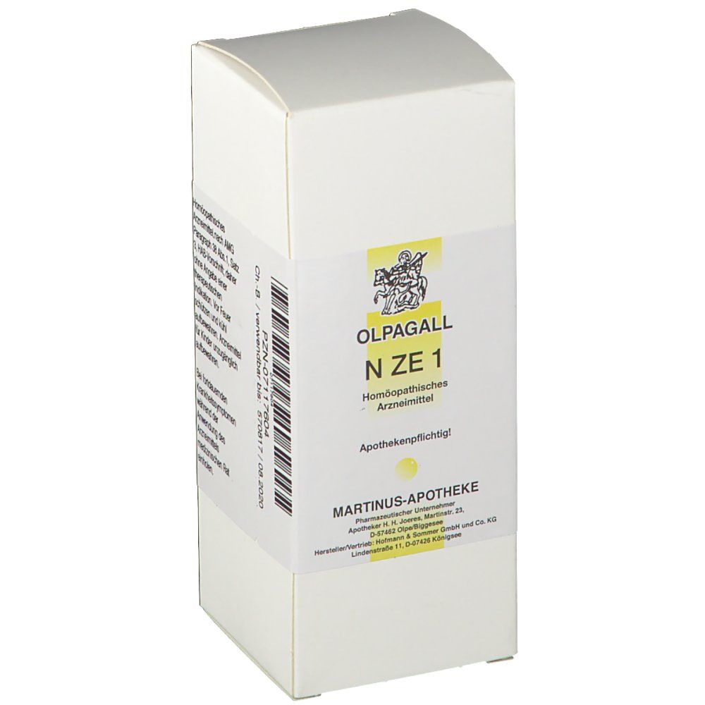 Weiße Faltschachtel. Aufdruck: Olpagall N ZE 1, Apothekenlogo, Martinus-Apotheke. Homöopathisches Arzneimittel. Text.
