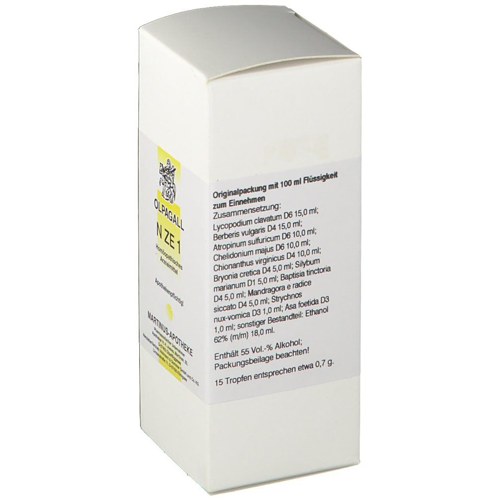 Weiße Faltschachtel. Aufdruck: Olpagall N ZE 1, Martinus-Apotheke. Text mit Inhaltsstoffen. Homöopathisches Arzneimittel.