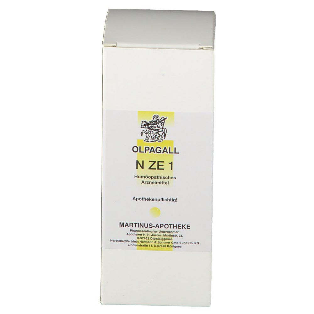 Weiße Faltschachtel. Aufdruck: Olpagall N ZE 1, Apothekenlogo, Martinus-Apotheke. Homöopathisches Arzneimittel.