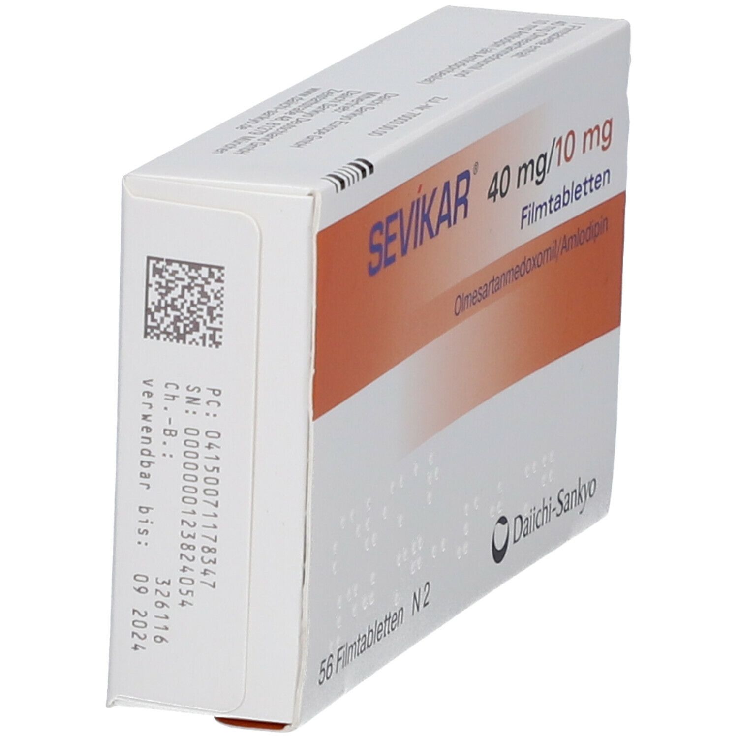 Schachtel SEVIKAR 40 mg/10 mg. Seitenansicht mit Barcode und Verfallsdatum. Hersteller: Daiichi-Sankyo.