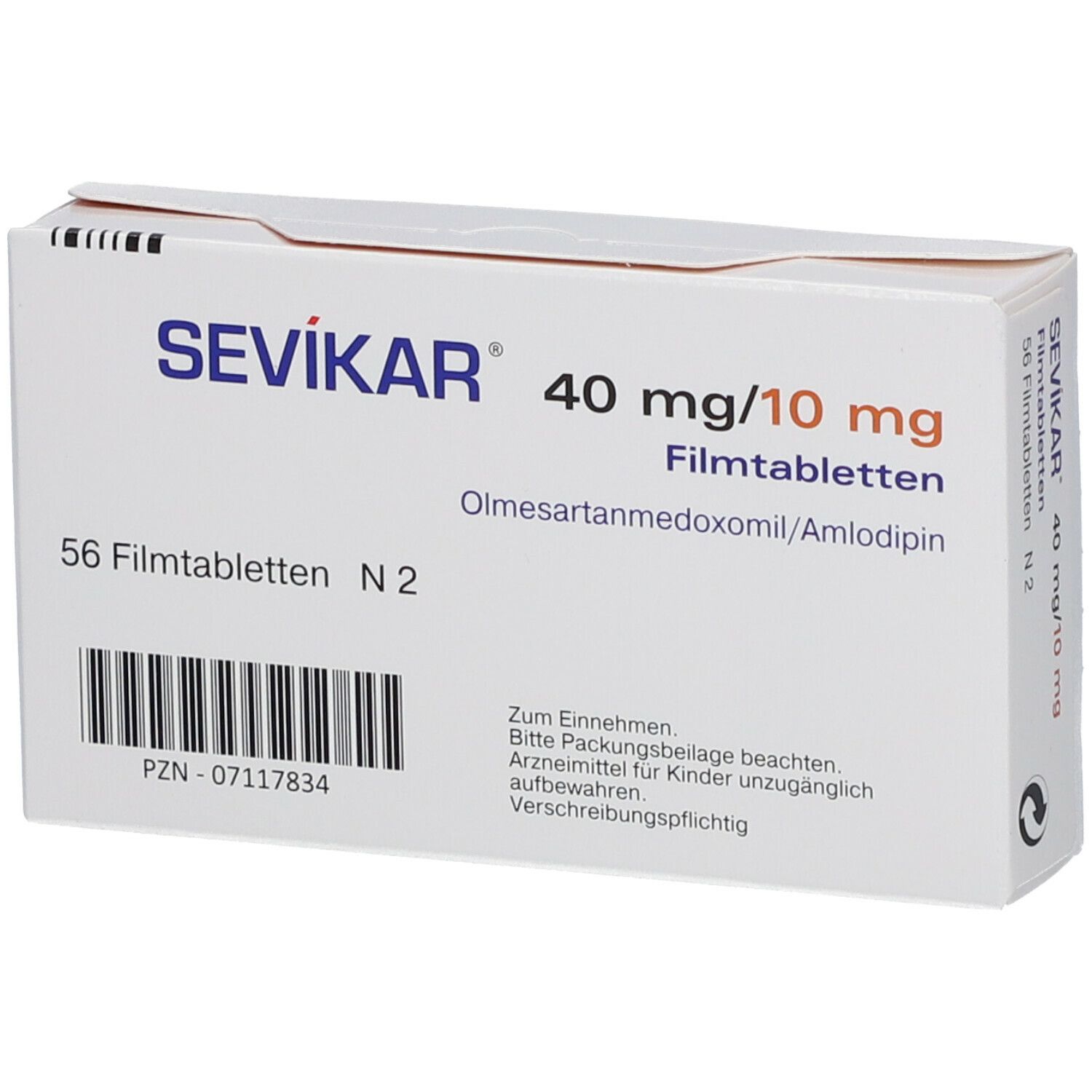 Schachtel SEVIKAR 40 mg/10 mg Filmtabletten. Enthält 56 Tabletten. Hersteller: Daiichi-Sankyo. Text auf Deutsch.