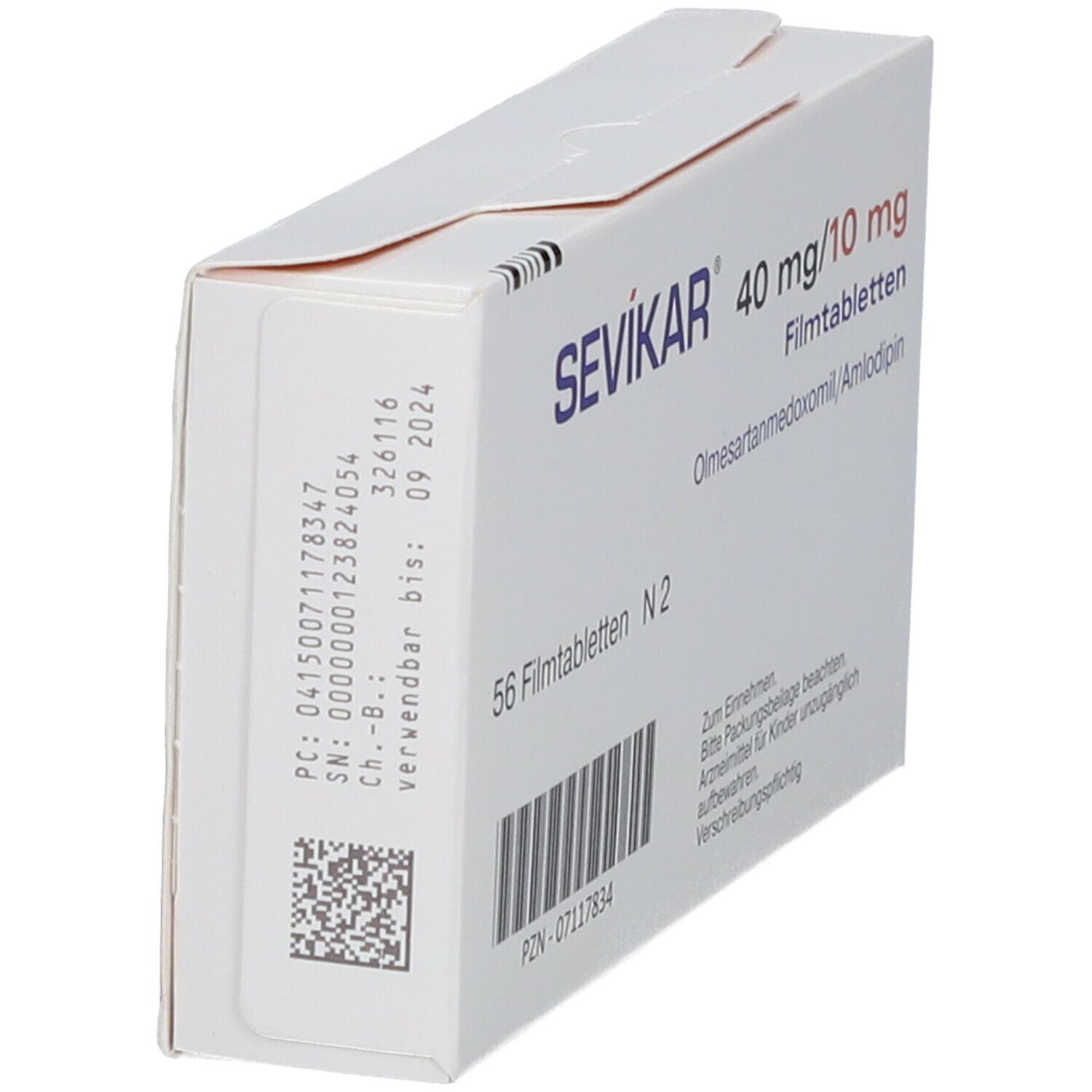 Schachtel SEVIKAR 40 mg/10 mg. Seitenansicht mit Barcode und Verfallsdatum. Hersteller: Daiichi-Sankyo.
