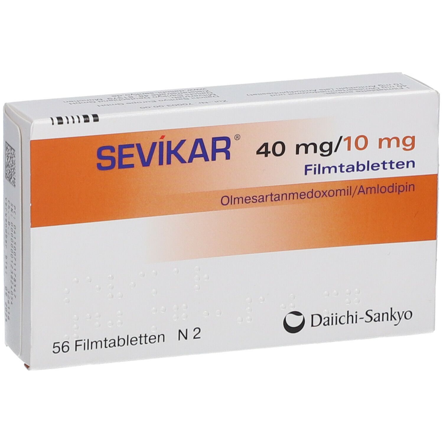 Schachtel SEVIKAR 40 mg/10 mg Filmtabletten. Enthält 56 Tabletten. Hersteller: Daiichi-Sankyo.