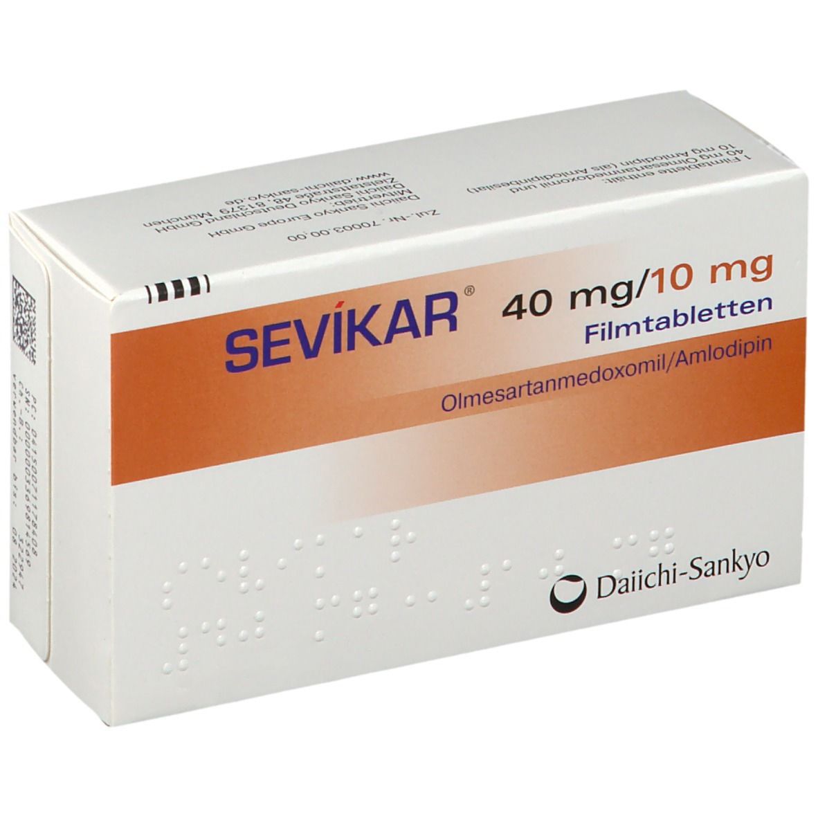 Schachtel SEVIKAR 40 mg/10 mg Filmtabletten. Hersteller: Daiichi-Sankyo. Ansicht schräg von oben.