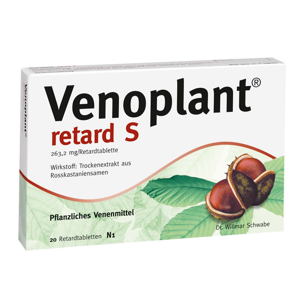 Verpackung von Venoplant retard S. Weiße Schachtel mit Produktnamen und Informationen. Abbildung von Rosskastanien.