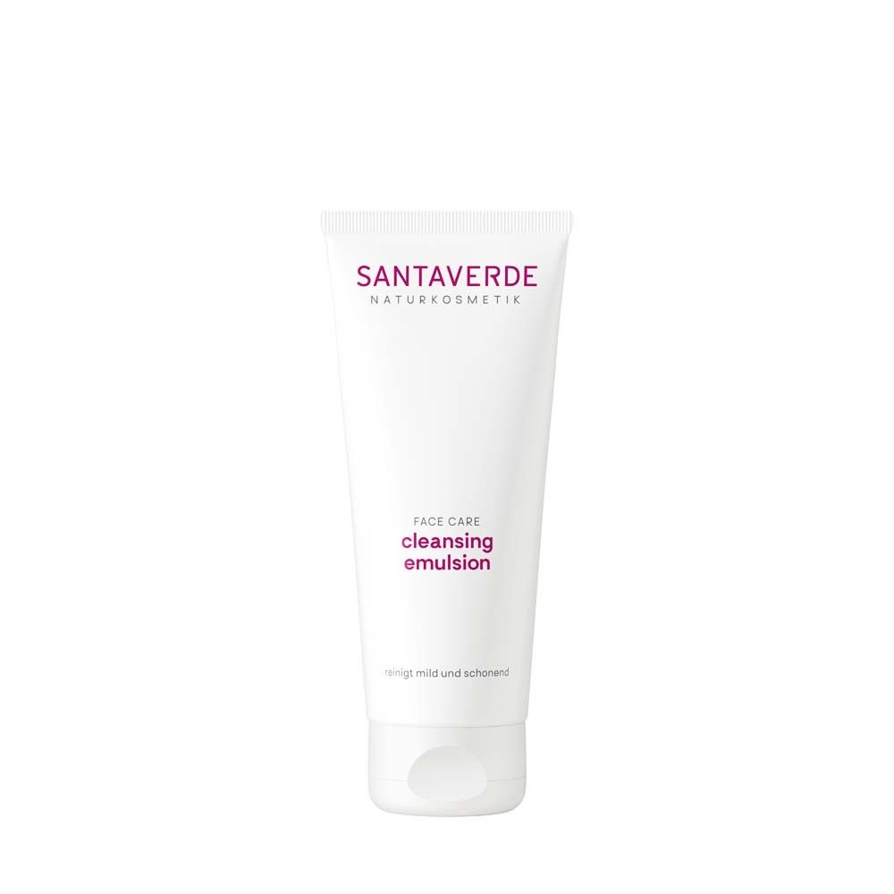 Weiße Tube mit SANTAVERDE-Logo und Produktbezeichnung. Text: Face Care cleansing emulsion.