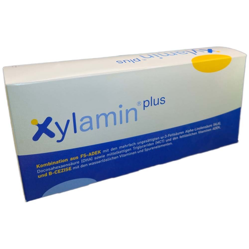 Weiße Schachtel mit blauem und gelbem Design. Aufschrift: Xylamin plus. Text: Kombination aus FS-ADEK mit mehrfach ungesättigten...