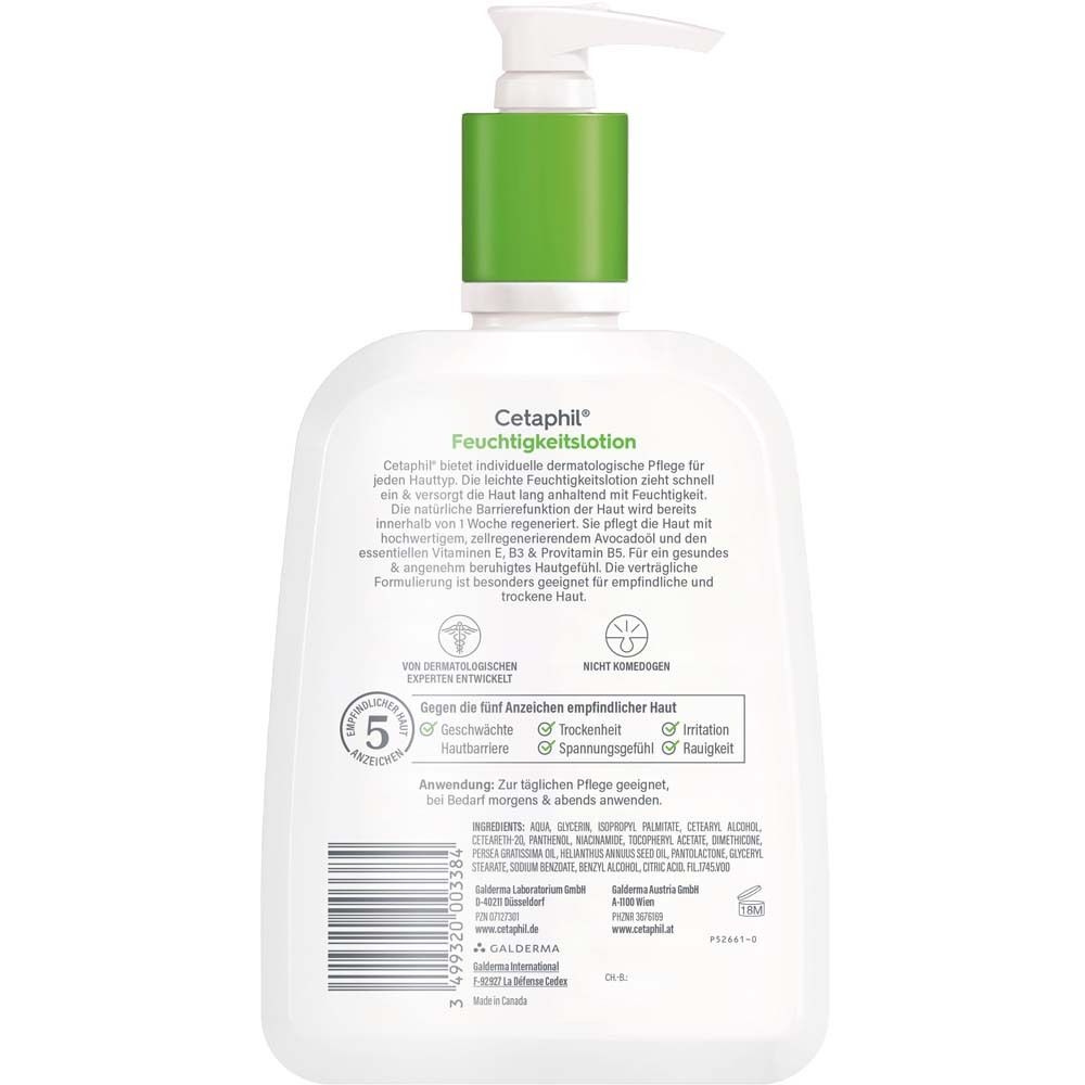Rückseite der Flasche. Text: Cetaphil Feuchtigkeitslotion. Inhaltsstoffe, Anwendung, Warnhinweise.