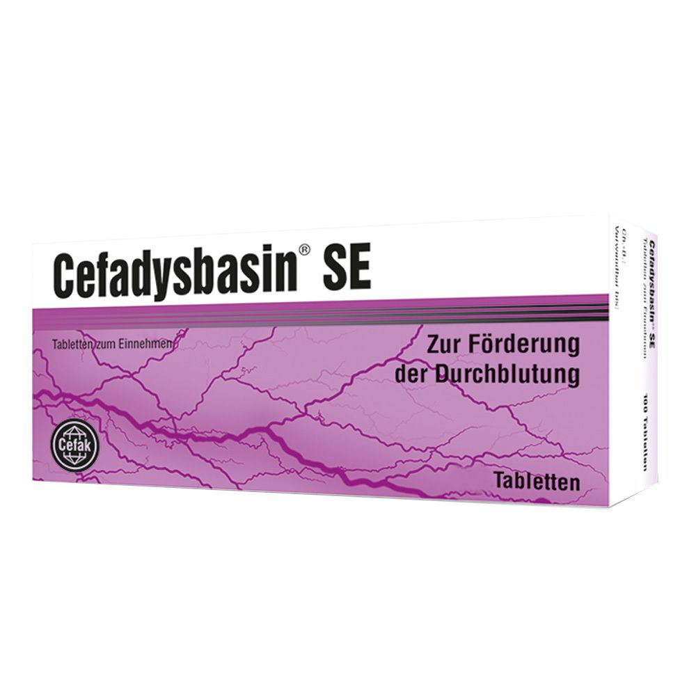Schachtel mit Cefadysbasin® SE Tabletten. Aufschrift: Zur Förderung der Durchblutung. Marke: Cefak.