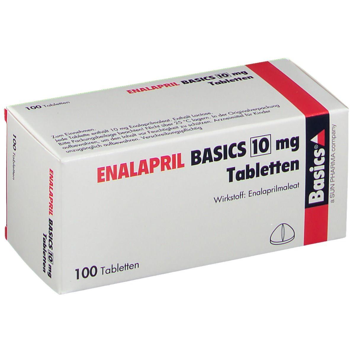 Schachtel mit ENALAPRIL BASICS 10 mg Tabletten. Aufschrift: 100 Tabletten. Rote und blaue Akzente. Wirkstoff: Enalaprilmaleat.