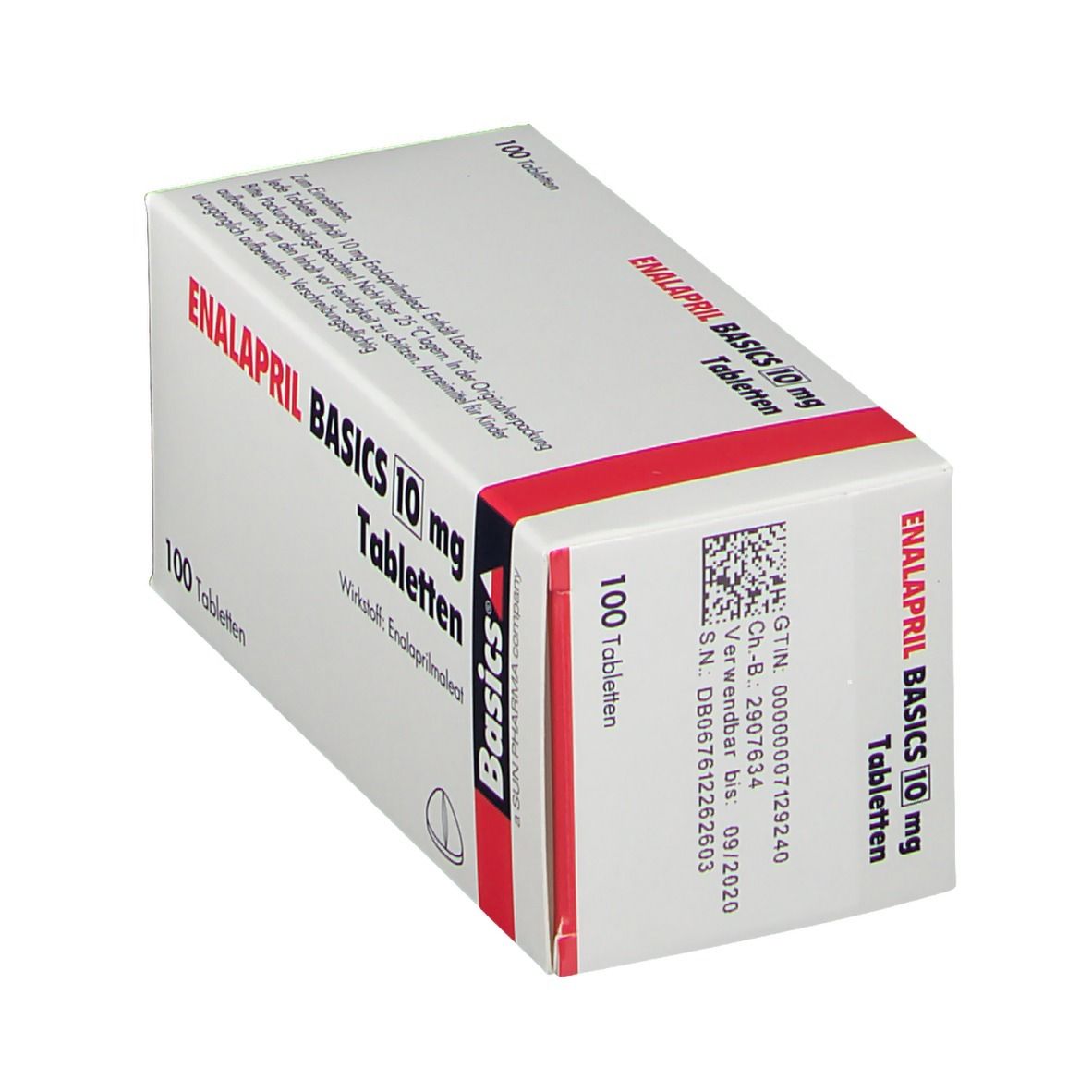Schachtel mit ENALAPRIL BASICS 10 mg Tabletten. Aufschrift: 100 Tabletten. Rote und blaue Akzente. Barcode und weitere Informationen.