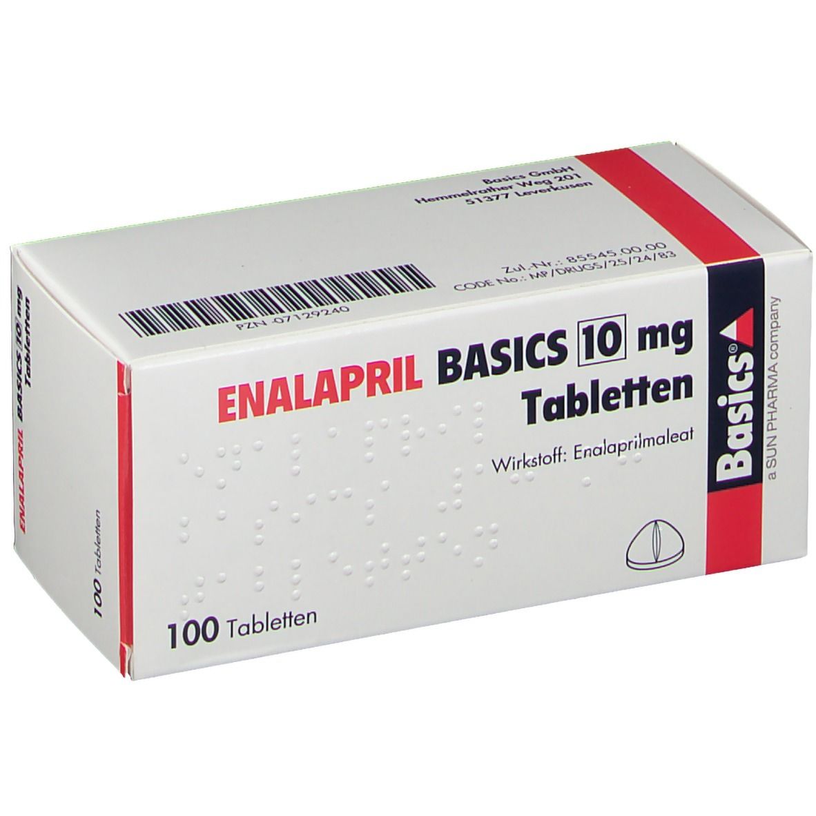 Schachtel mit ENALAPRIL BASICS 10 mg Tabletten. Aufschrift: 100 Tabletten. Rote und blaue Akzente. Barcode und weitere Informationen.