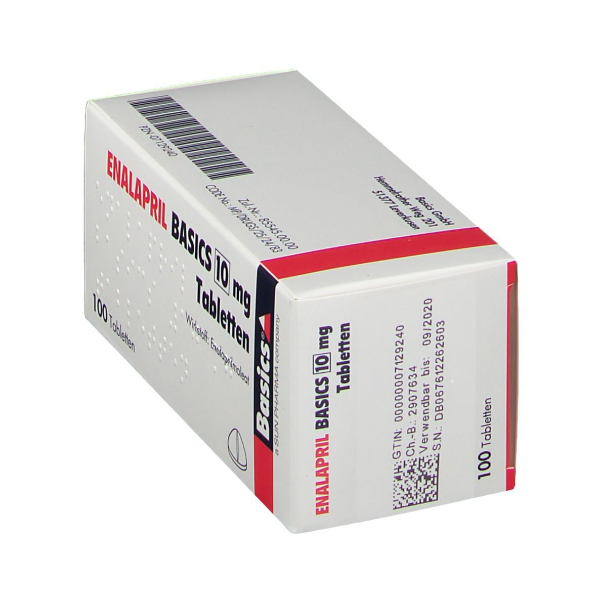 Schachtel mit ENALAPRIL BASICS 10 mg Tabletten. Aufschrift: 100 Tabletten. Rote und blaue Akzente. Barcode und weitere Informationen.