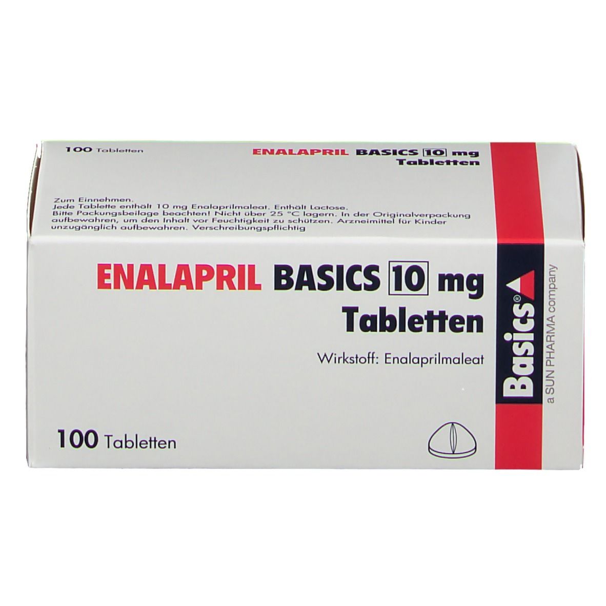 Schachtel mit ENALAPRIL BASICS 10 mg Tabletten. Aufschrift: 100 Tabletten. Rote und blaue Akzente. Wirkstoff: Enalaprilmaleat.