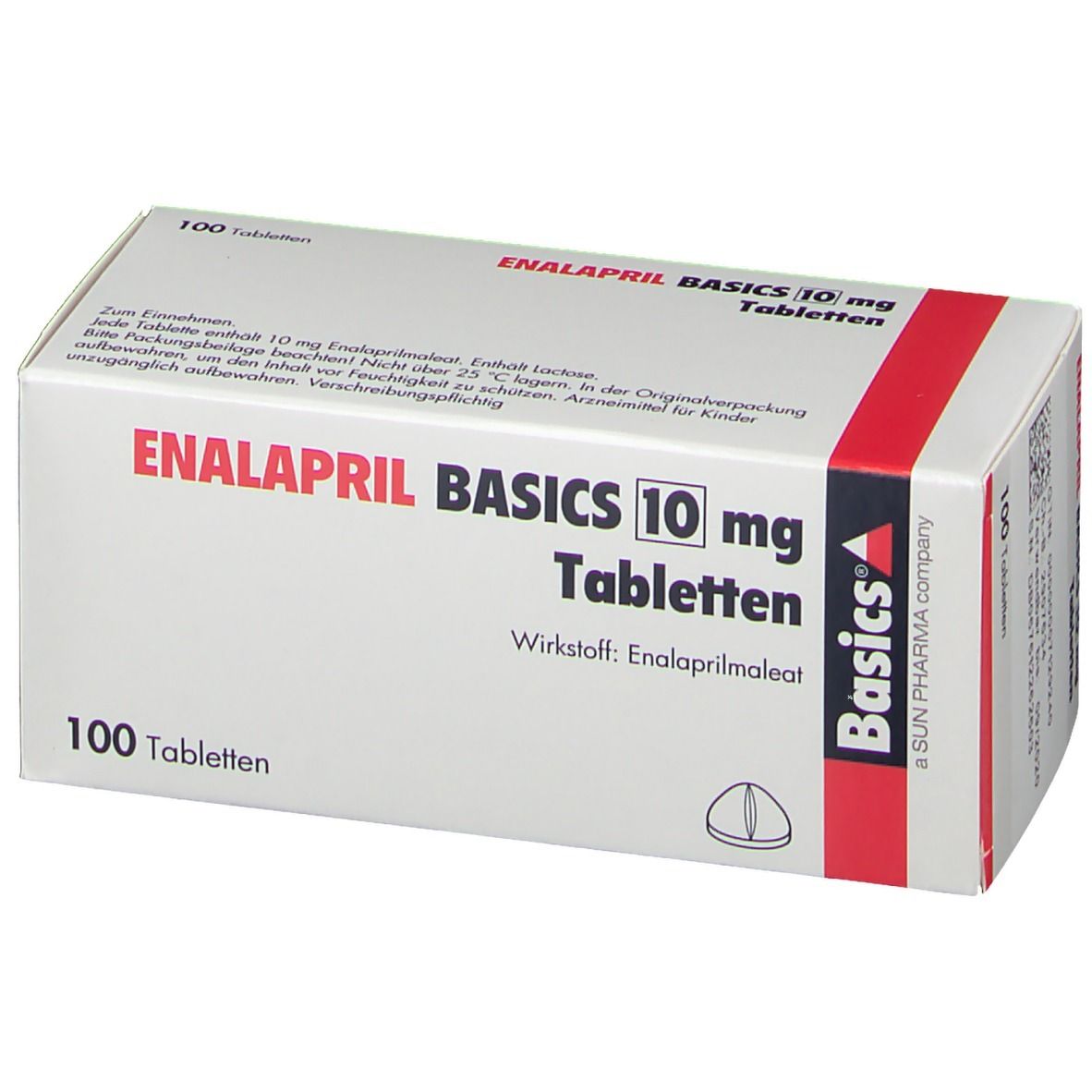 Schachtel mit ENALAPRIL BASICS 10 mg Tabletten. Aufschrift: 100 Tabletten. Rote und blaue Akzente. Wirkstoff: Enalaprilmaleat.