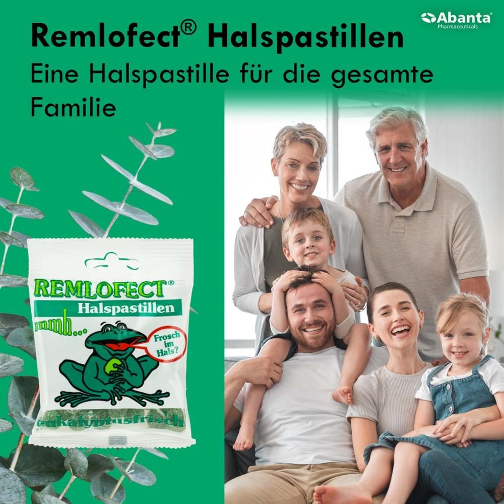 Familie mit Packung REMLOFECT Halspastillen. Text: REMLOFECT Halspastillen. Eine Halspastille für die gesamte Familie.