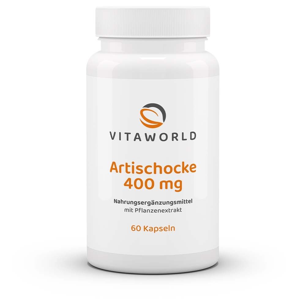 Weiße Flasche mit orangefarbener Aufschrift. "VITAWORLD" und "Artischocke 400 mg" sind sichtbar. 60 Kapseln.