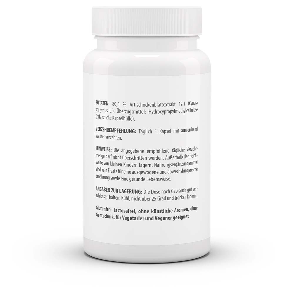 Rückseite der weißen Flasche. Text mit weiteren Informationen. Hinweise zur Einnahme und Lagerung. Glutenfrei, laktosefrei.