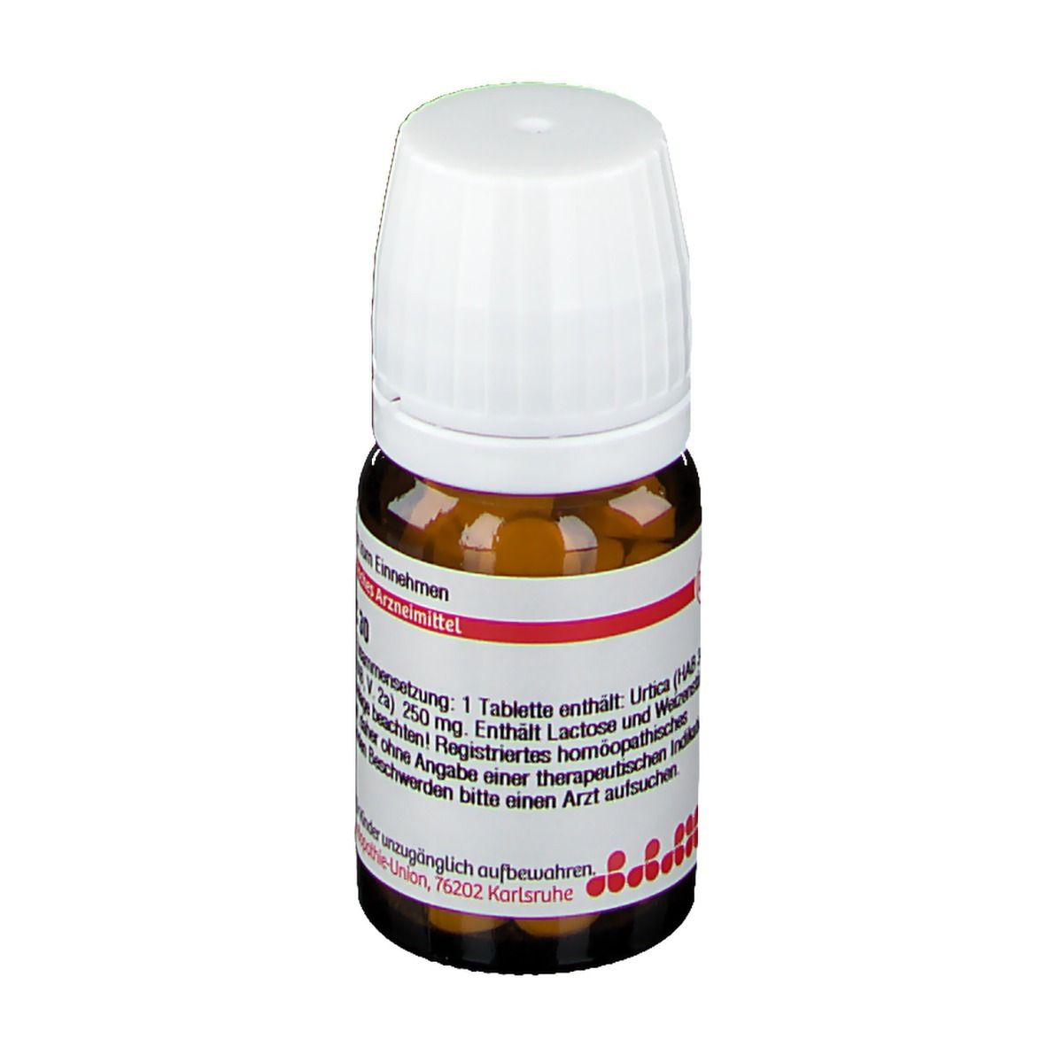 Braune Glasflasche mit weißem Deckel. Etikett mit Text: Urtica C 30. Enthält Tabletten. Apothekenpflichtig.