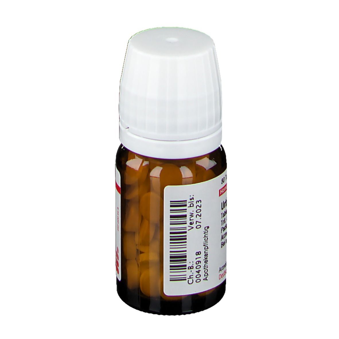 Braune Glasflasche mit weißem Deckel. Etikett mit Text: Urtica C 30. Verwendbar bis 07.2023. Apothekenpflichtig.